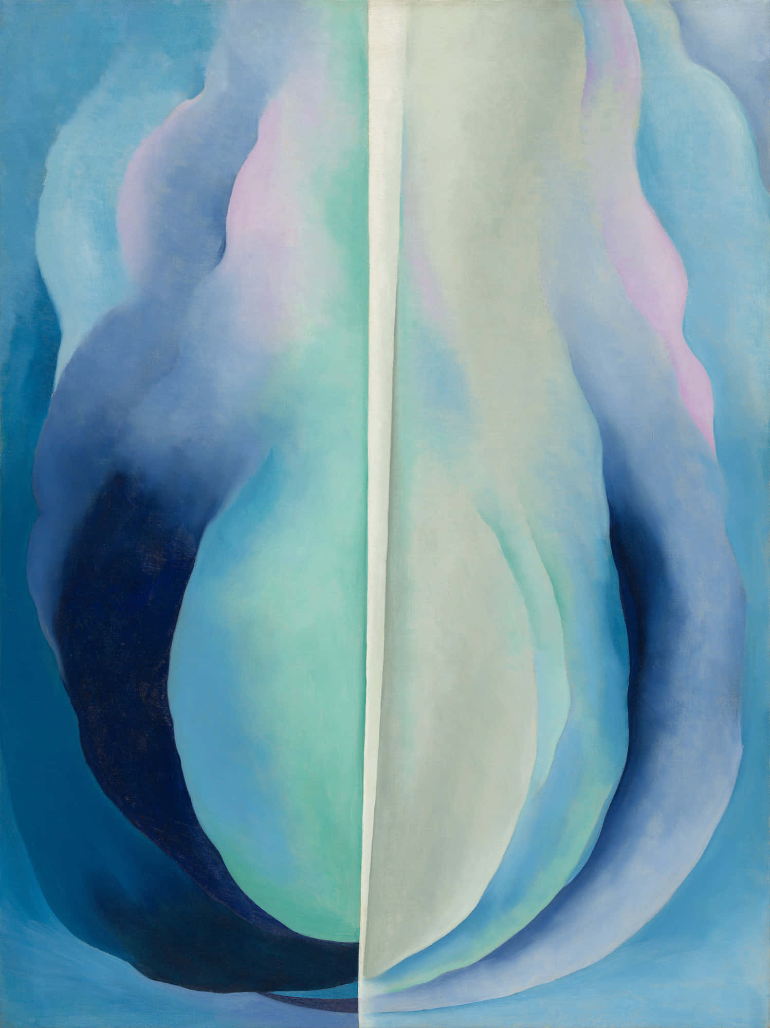 Painting 桌布 壁紙 — 抽象畫作，流動的藍色、粉紅色和藍綠色形態被一條鮮明的白色垂直線分割。