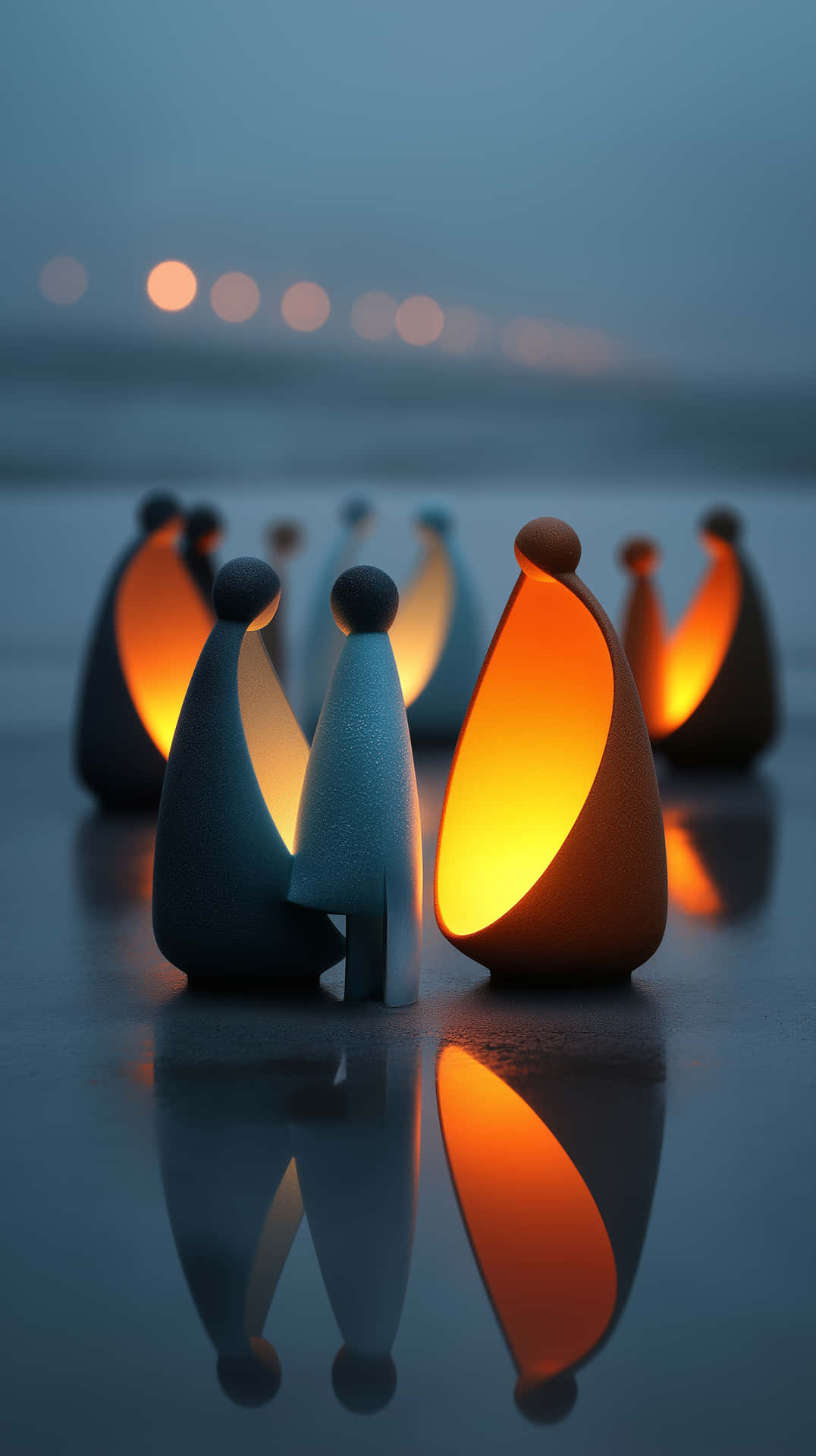 Minimalist Ceramic Lantern Figures Reflecting Warm Light 壁紙 — 抽象發光人形人物，內部溫暖橙色，站在反射濕潤表面上，背景是涼爽的藍色暮色天空。