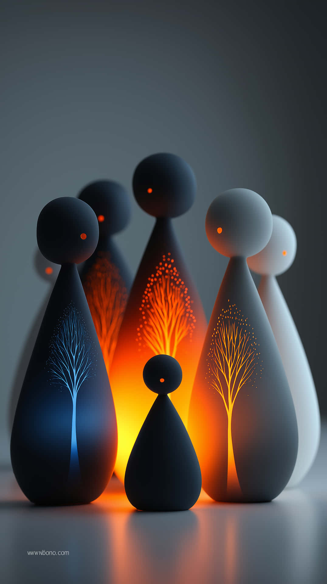 Enigmatic Ceramic Figures with Inner Glowing Trees 壁紙 — 抽象發光雕像帶有樹木圖案，在深色漸變背景上發出溫暖的光芒。