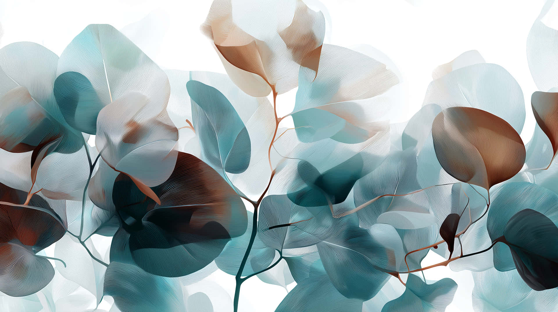 Abstract Botanical Pattern with Translucent Leaves and Organic Flow 壁紙 — 抽象的半透明葉片，以青綠色和棕色漂浮在明亮的白色背景上，帶有精緻的葉脈圖案。