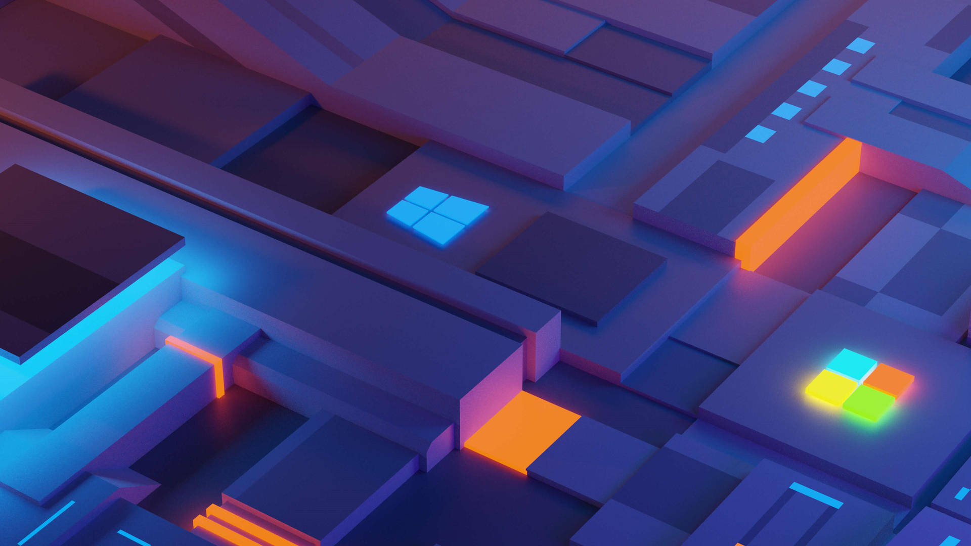未來主義的3D渲染數位城市，帶有發光的霓虹路徑和Microsoft標誌。 — Google pixel 壁紙