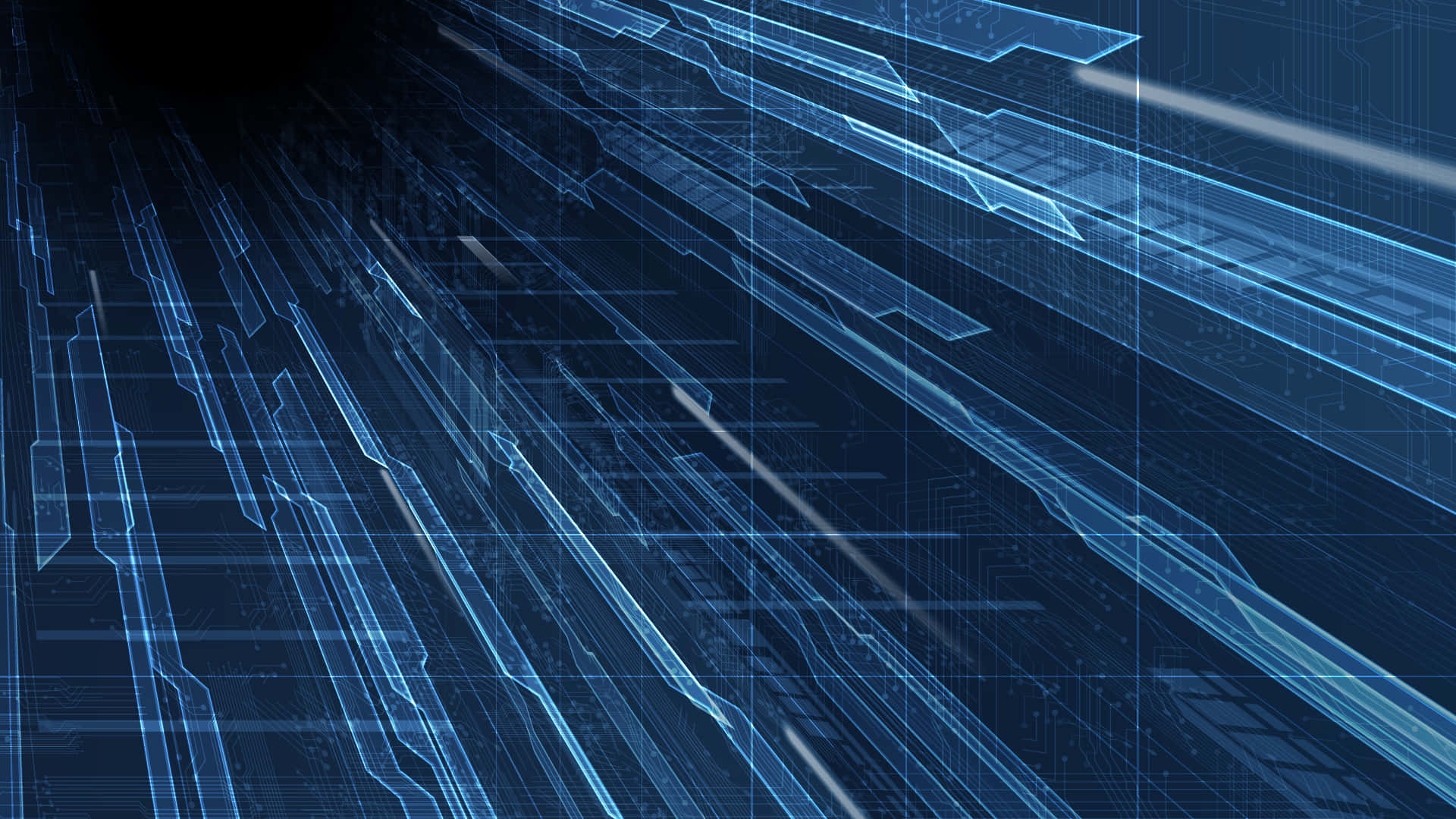 tech 桌布 壁紙 — 抽象的數位電路在黑暗背景上以發光的藍色線條流動，營造出未來科技感。