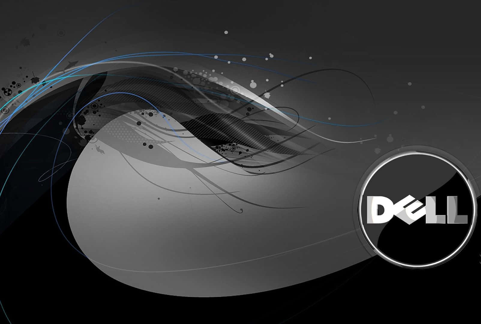 Dell 桌布 壁紙 — 抽象的灰色和藍色漩渦線條，帶有黑色濺點和Dell標誌，背景為深色。