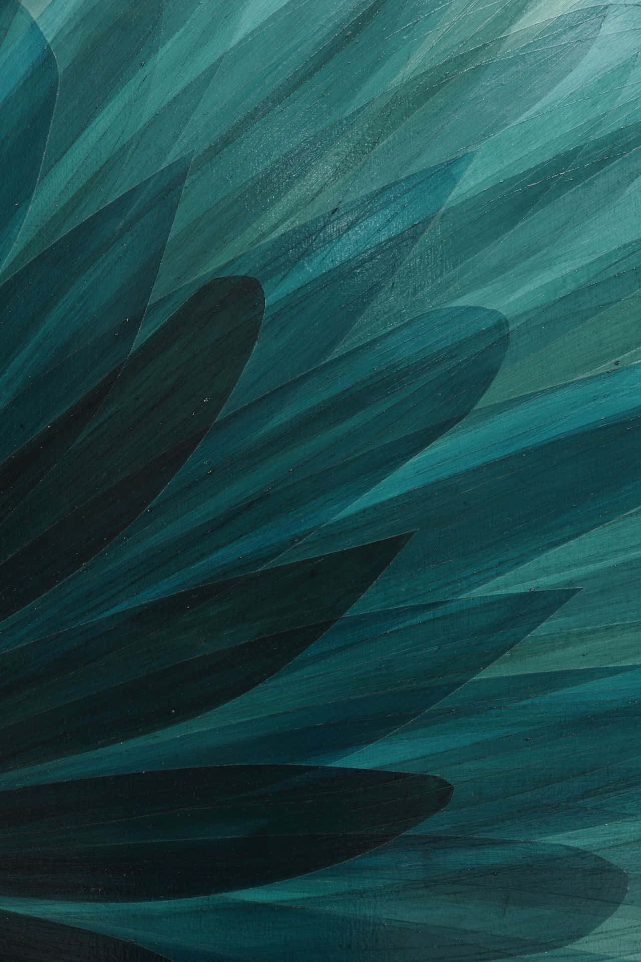 Dark Teal 桌布 壁紙 — 抽象的青綠色和黑色筆觸圖案，類似於有紋理繪畫中的分層羽毛或花瓣。