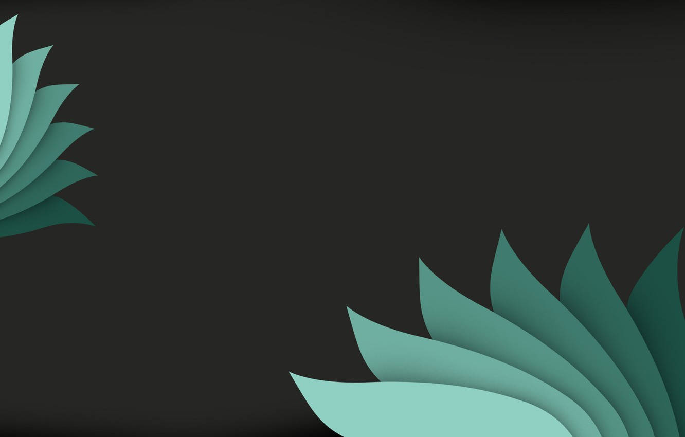 Material Design 桌布 壁紙 — 抽象的青綠色層疊葉片形狀，以柔和陰影和乾淨的幾何邊緣框住深色背景。