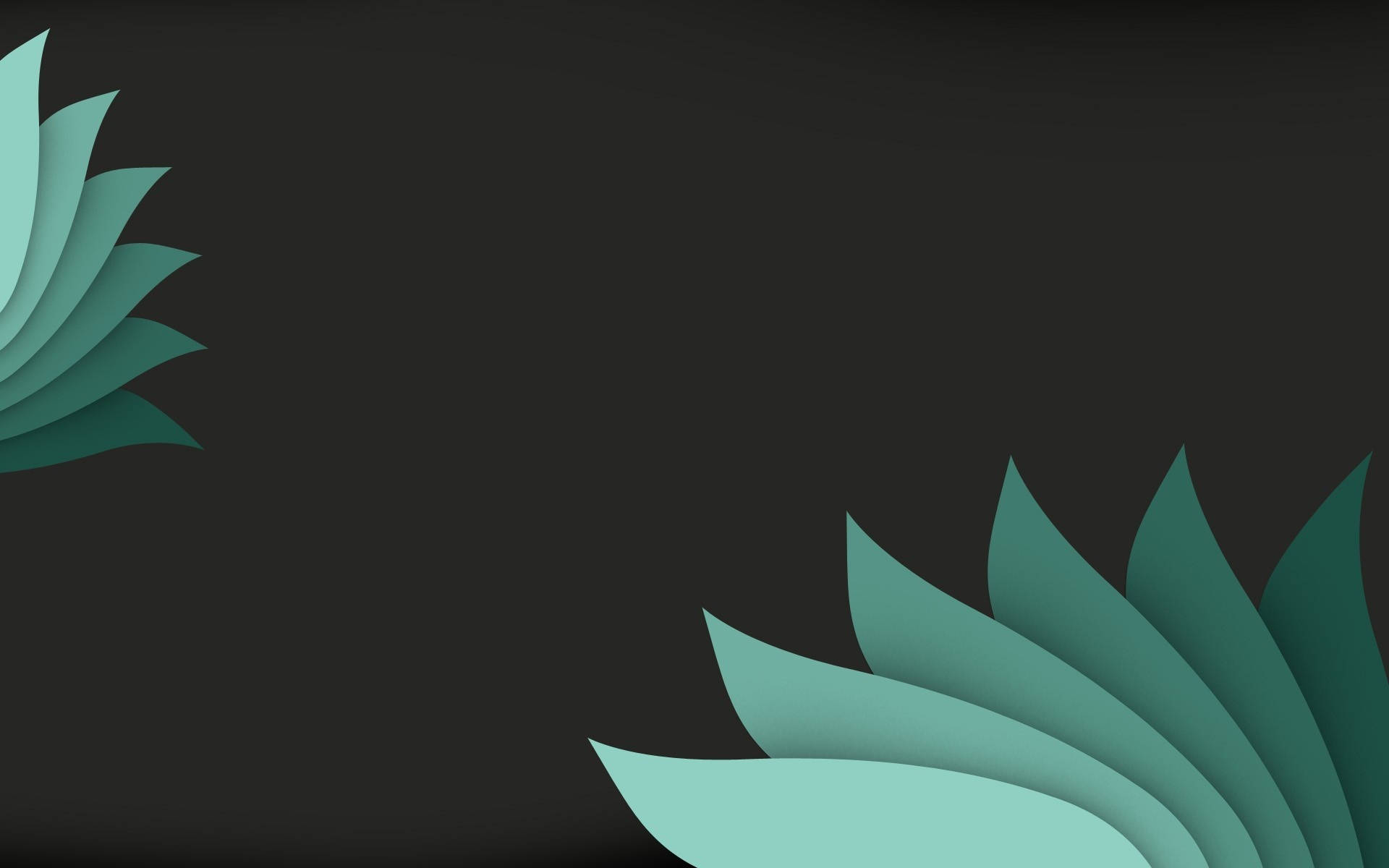 Minimalist Flower Computer 桌布 壁紙 — 抽象的青綠色層疊葉片形狀，以柔和漸層和乾淨的幾何線條框住深色背景。