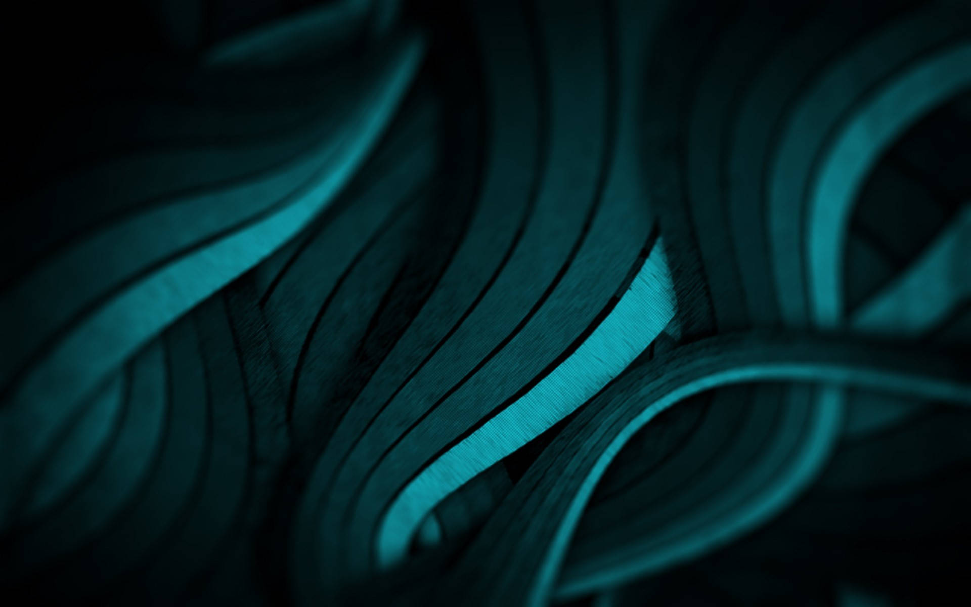Turquoise 桌布 壁紙 — 抽象的青色和黑色波浪狀絲帶，帶有發光高光，營造出時尚的現代數位藝術背景。