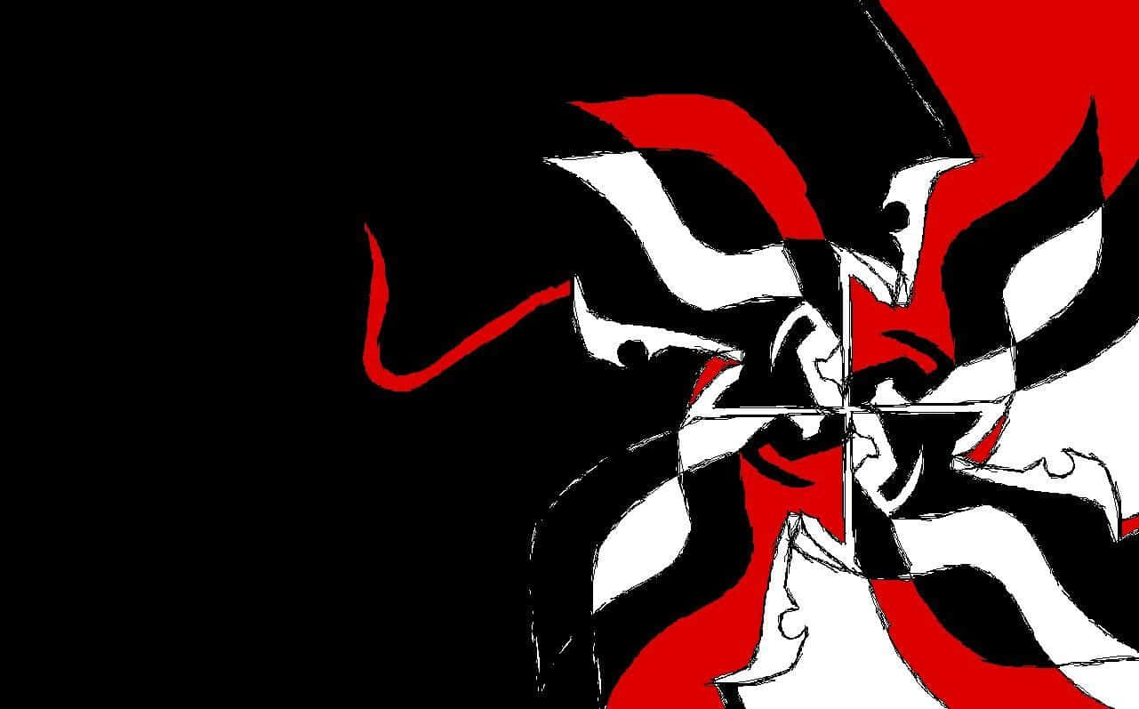 Red Black And White 桌布 壁紙 — 抽象的黑、白、紅色漩渦形狀在深色背景上形成動態的十字形圖案。