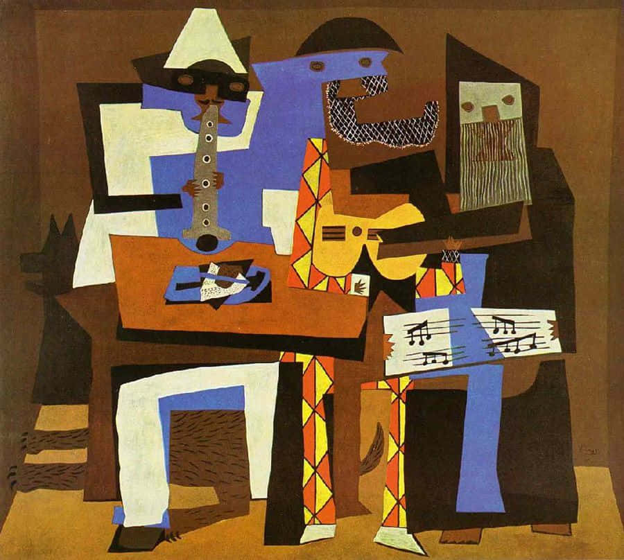 Picasso 桌布 壁紙 — 抽象立體派繪畫，描繪音樂家演奏樂器，具有大膽的幾何形狀和鮮豔色彩。