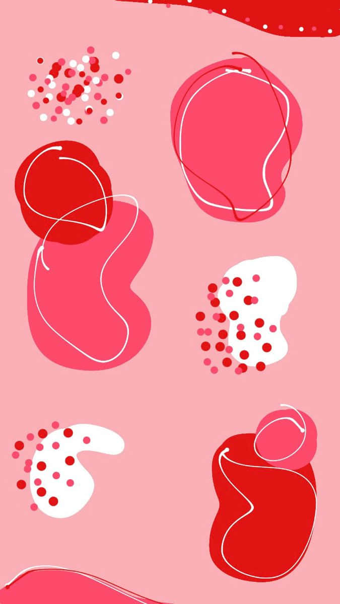 Red Cute Aesthetic 桌布 壁紙 — 抽象粉紅色和紅色形狀，帶有白色輪廓和點狀圖案，漂浮在柔和的粉紅色背景上。