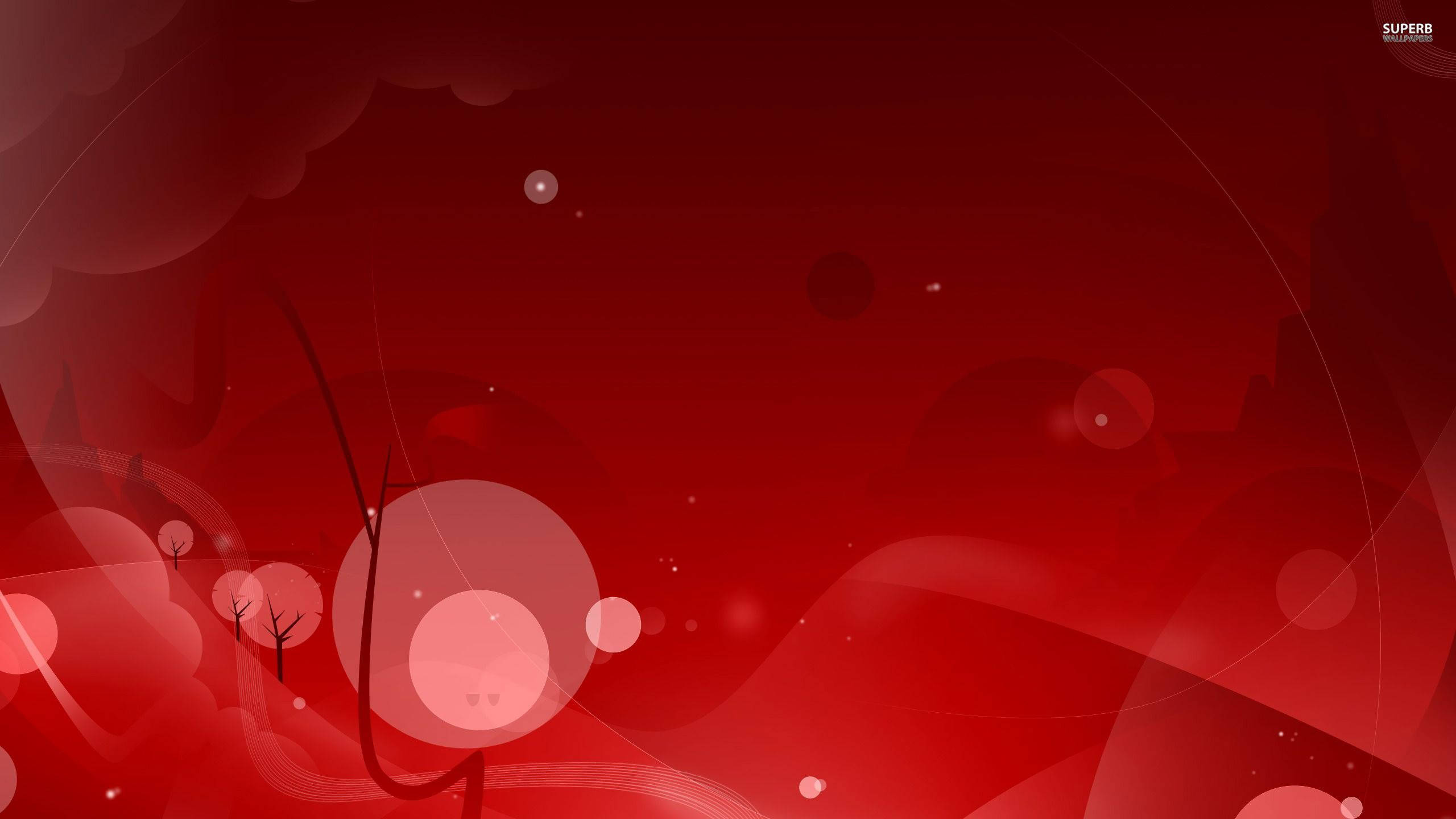 Red Circle 桌布 壁紙 — 抽象紅色數位藝術作品，帶有柔和發光球體和極簡樹木剪影，背景為漸變色。