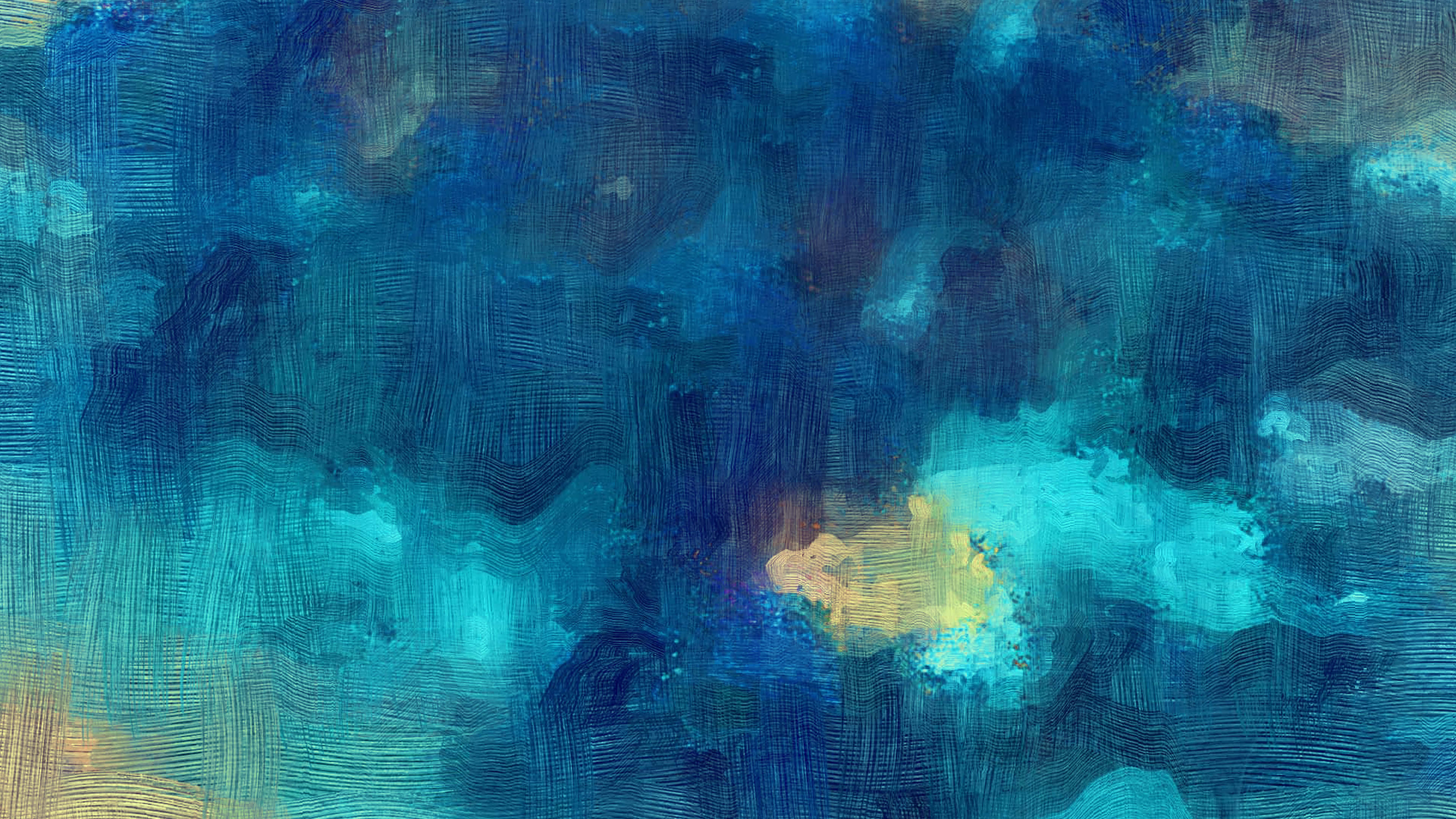 Oil Painting 桌布 壁紙 — 抽象紋理藝術作品，帶有層疊的藍色、藍綠色和溫暖的黃色光芒，融入深色筆觸。