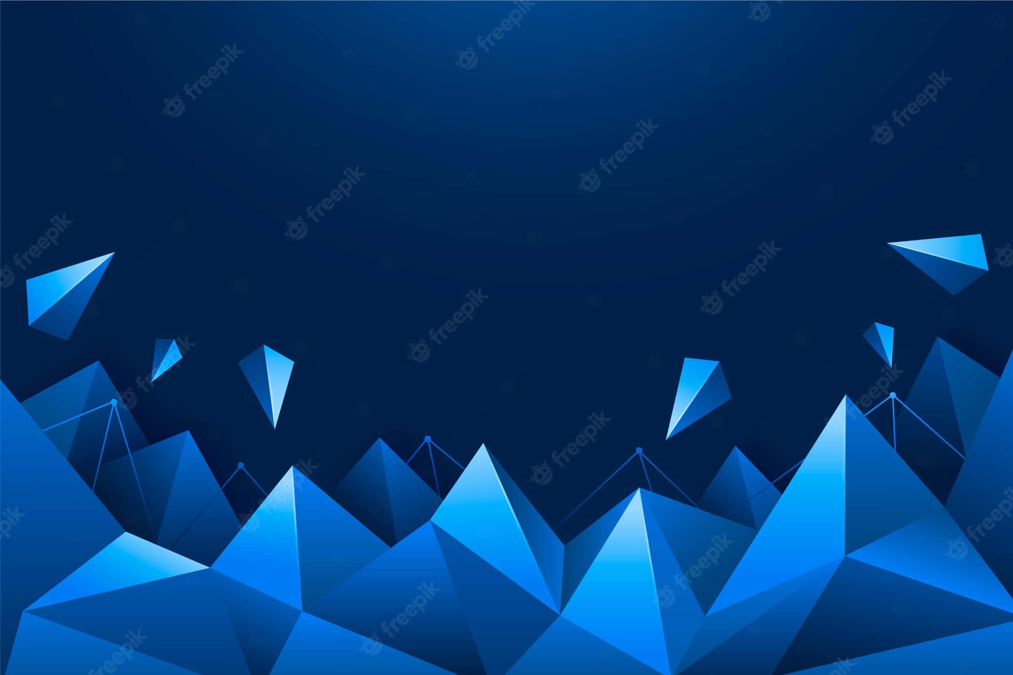 Blue Geometric 桌布 壁紙 — 抽象藍色幾何山峰在漸變夜空襯托下聳立，並帶有漂浮的三角形形狀。