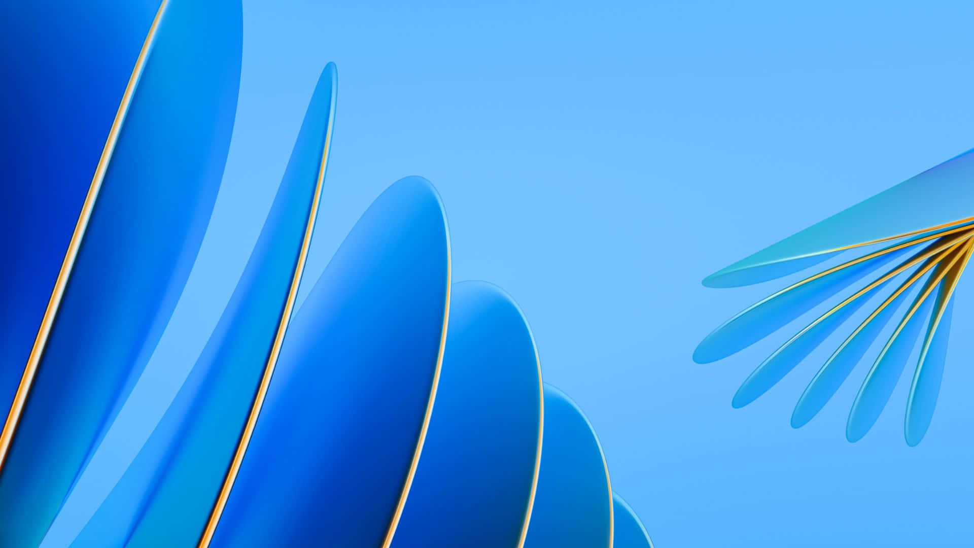 Powerpoint Blue 桌布 壁紙 — 抽象藍色彎曲形狀帶金色邊緣，在柔和漸變天藍色背景上對角流動。