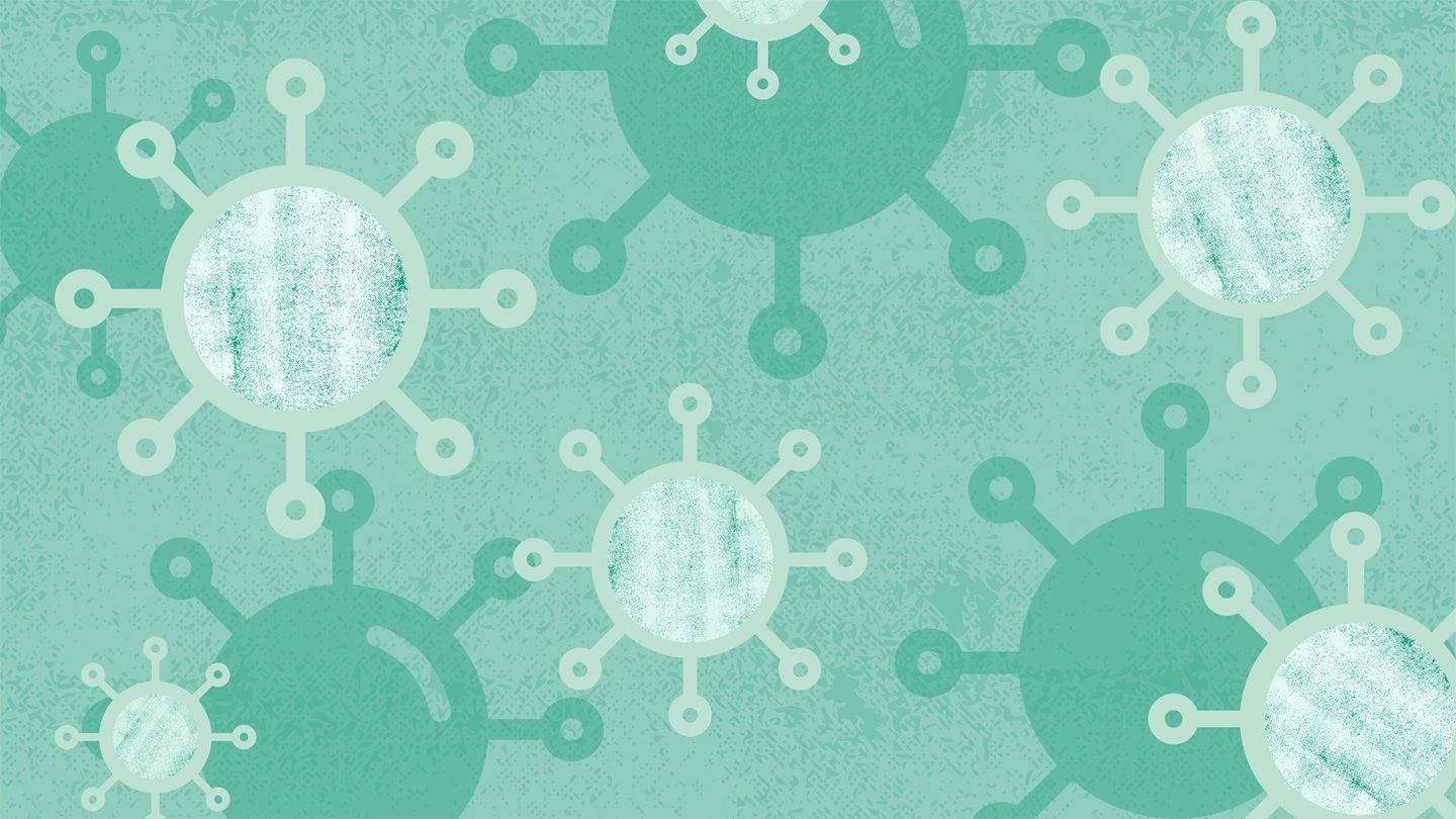 Coronavirus 桌布 壁紙 — 抽象青綠色背景，帶有白色和淺綠色的風格化病毒粒子。