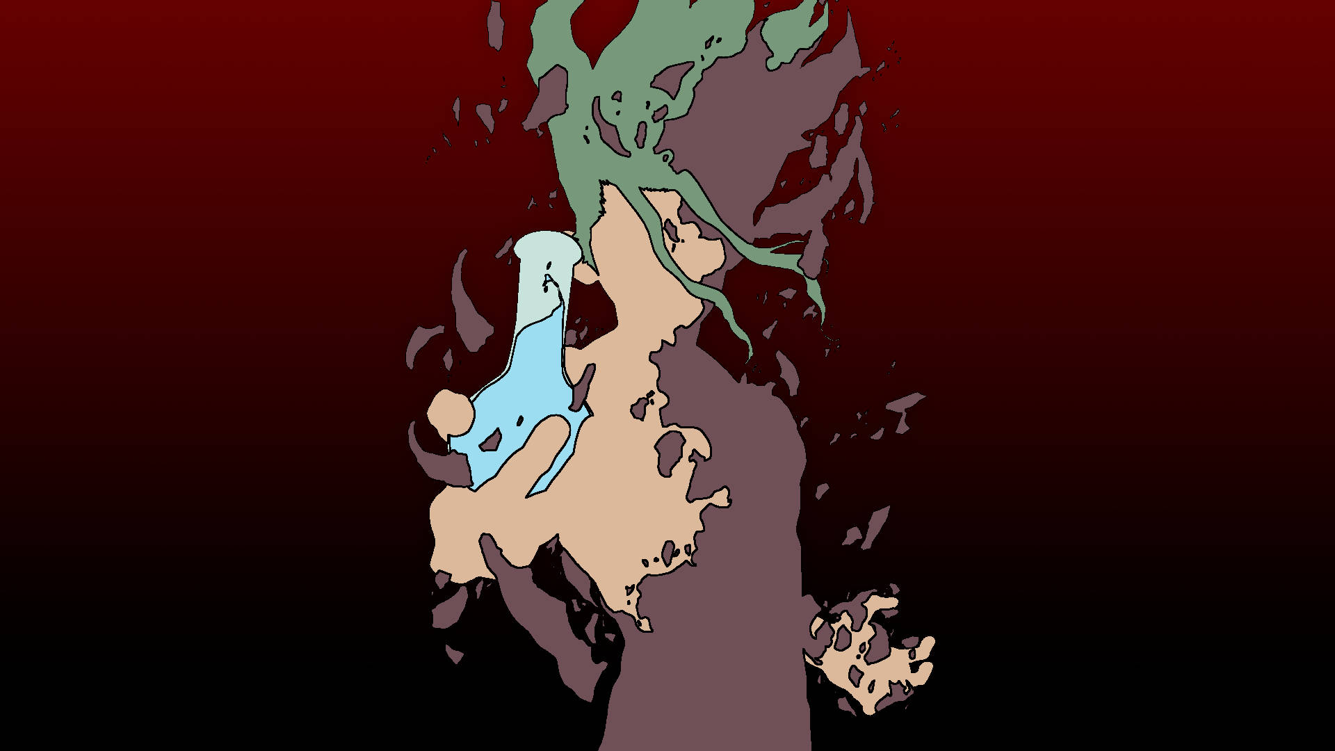 Dr Stone 桌布 壁紙 — 抽象風格化地圖插圖，帶有米色綠色和藍色的碎片化陸地，背景為紅色到黑色漸變。