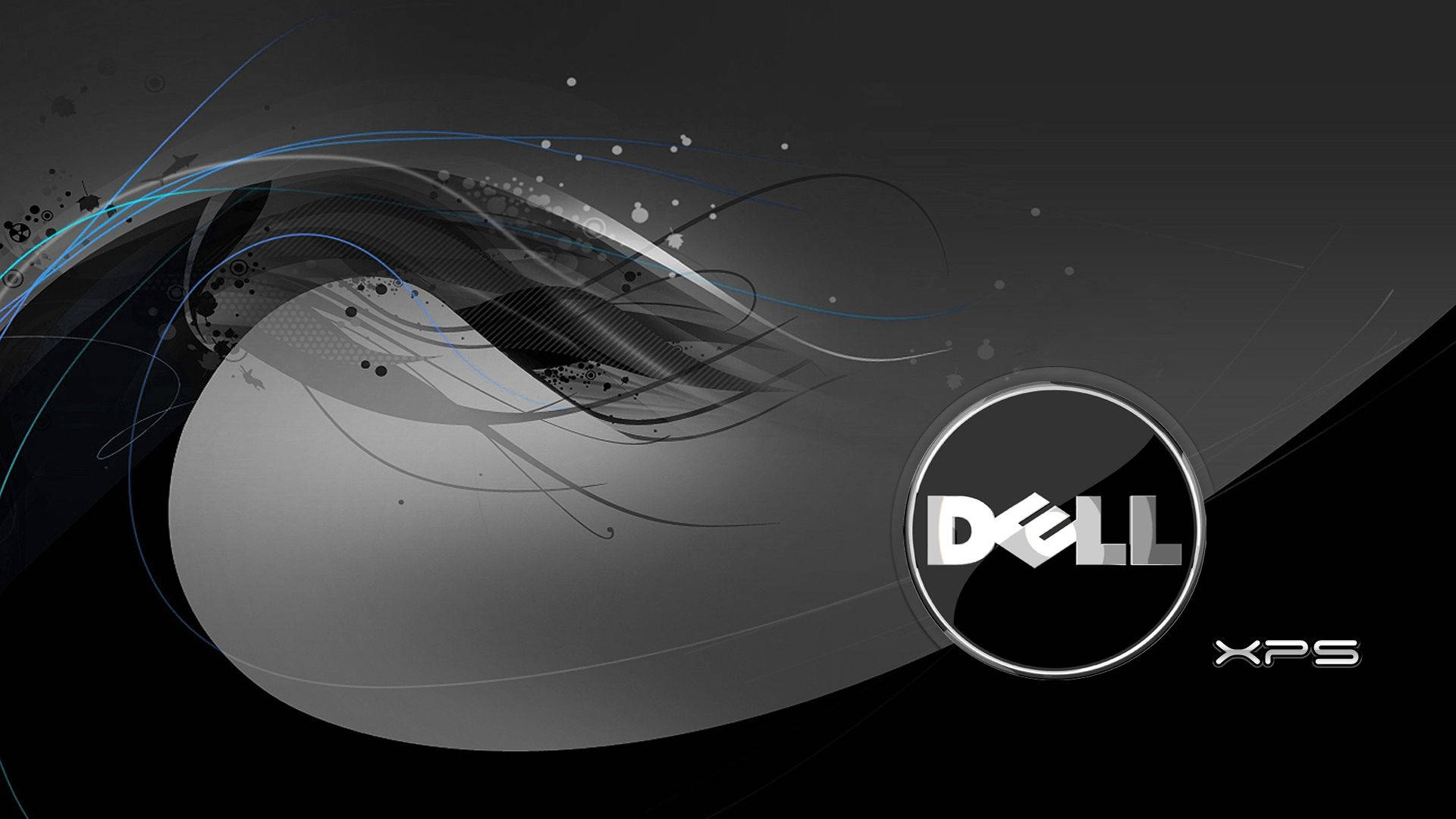 dell HD 桌布 壁紙 — 抽象黑色和灰色漩渦帶有藍色點綴，在深色背景上圍繞光面Dell XPS標誌動態流動。