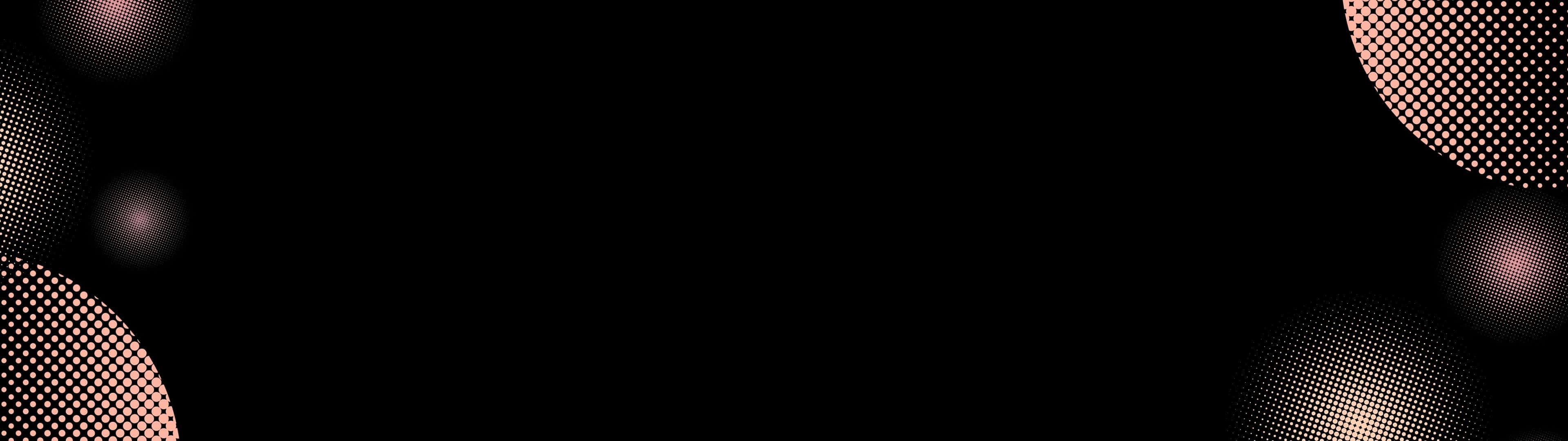 3840x1080 桌布 壁紙 — 抽象黑色背景，角落有溫暖色調的發光半色調圓圈。