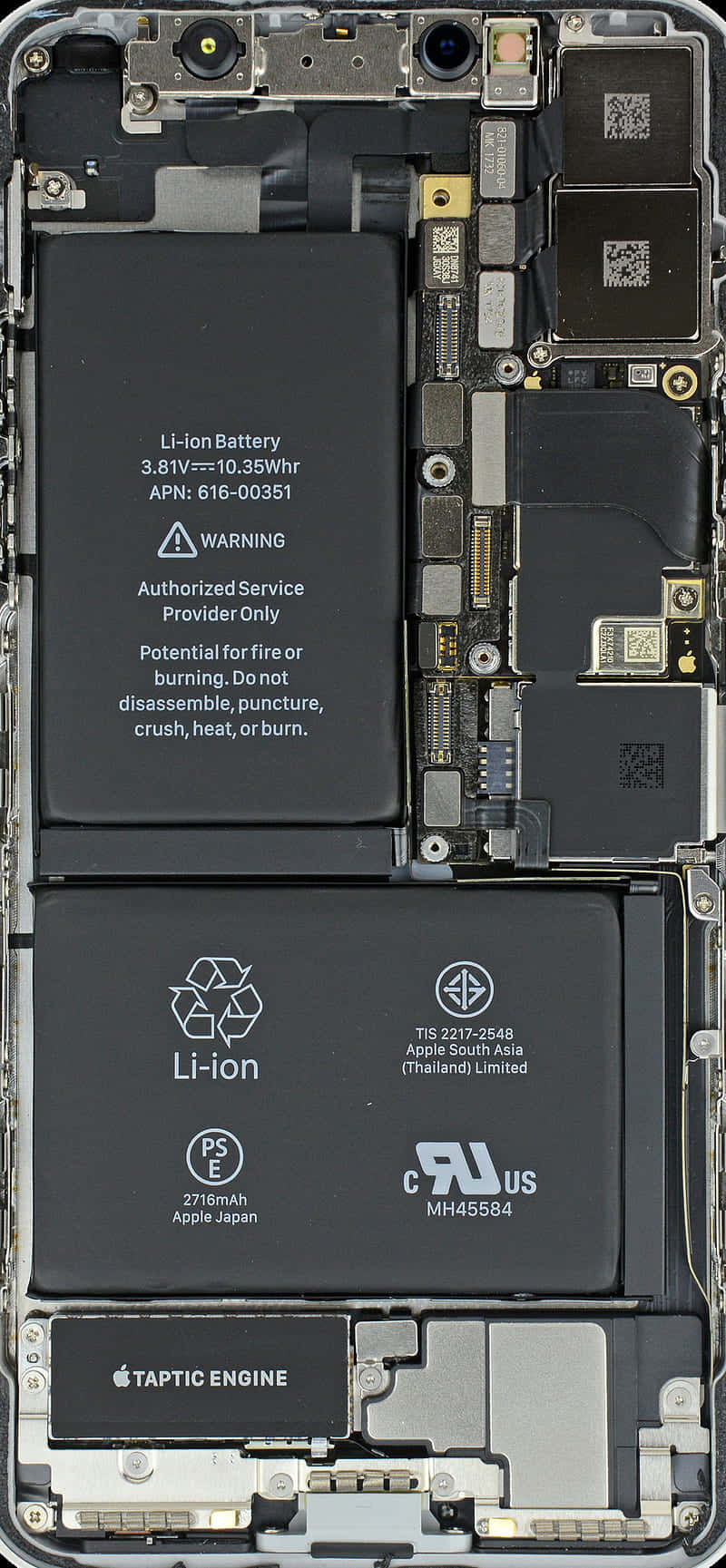 iPhone 桌布 壁紙 — 拆解智慧型手機的內部暴露，顯示電池電路和組件。