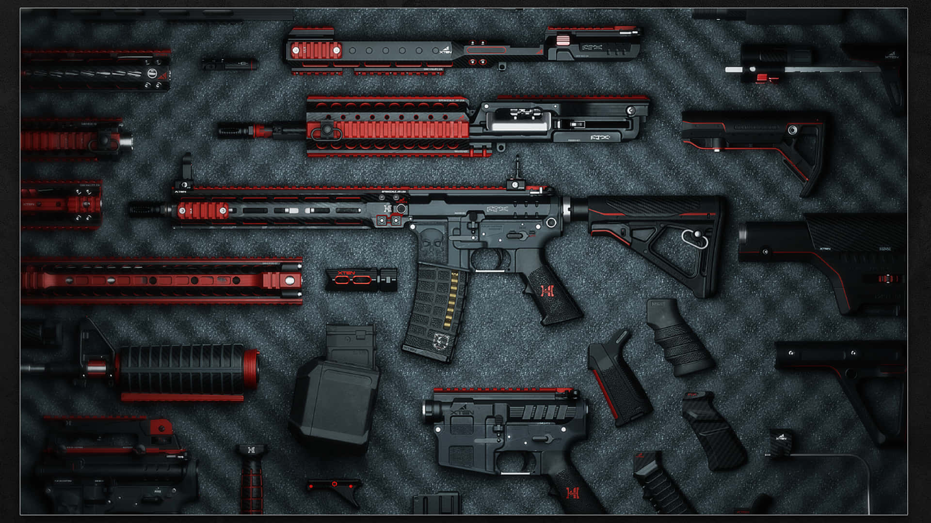 Call Of Duty Weapons 桌布 壁紙 — 拆解的黑色和紅色戰術步槍零件放置在深色紋理表面上，光線精準。