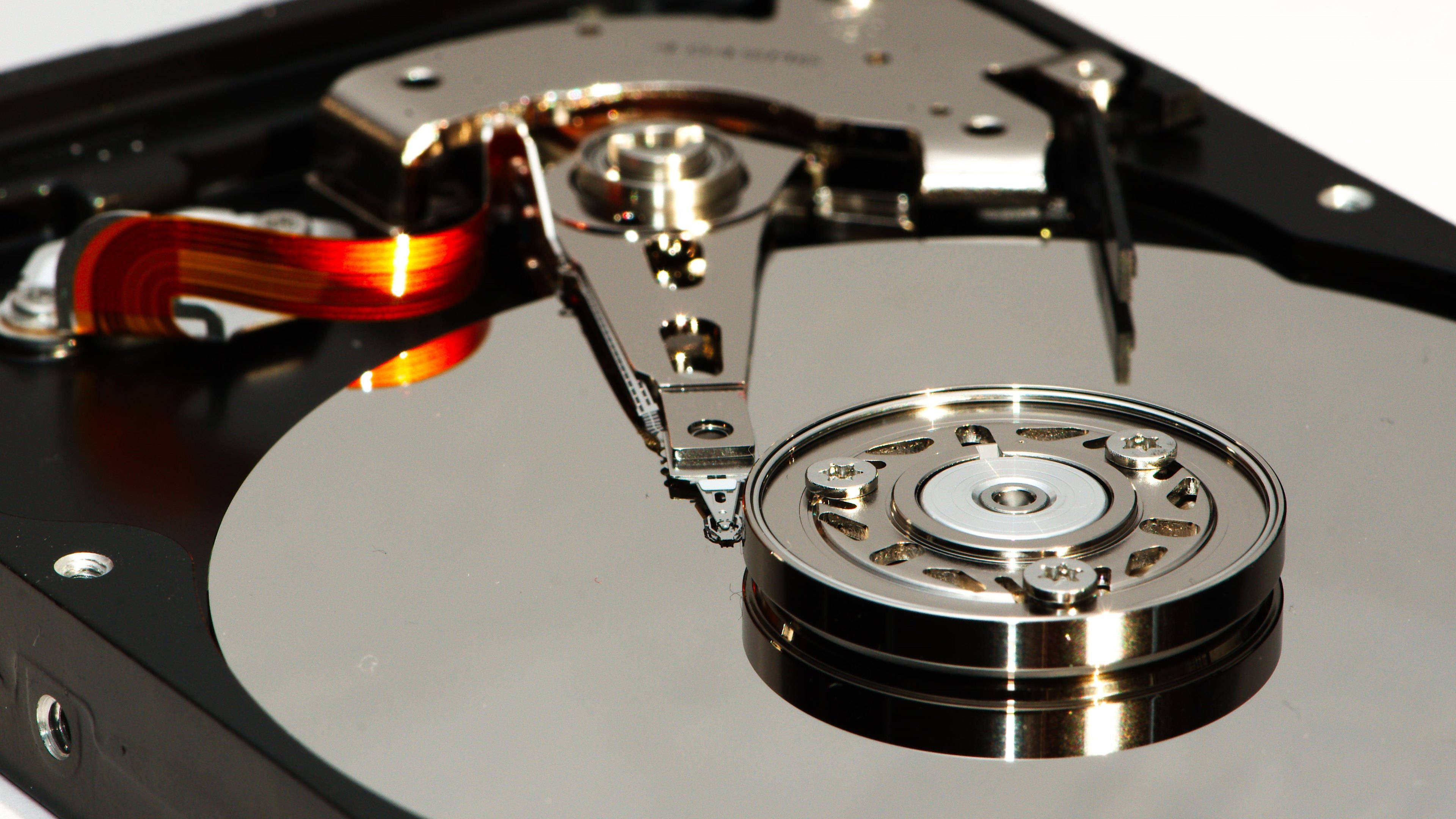 Hard Drive 桌布 壁紙 — 拆解硬碟的特寫，顯示出閃亮的金屬碟片和紅色排線，背景為白色。