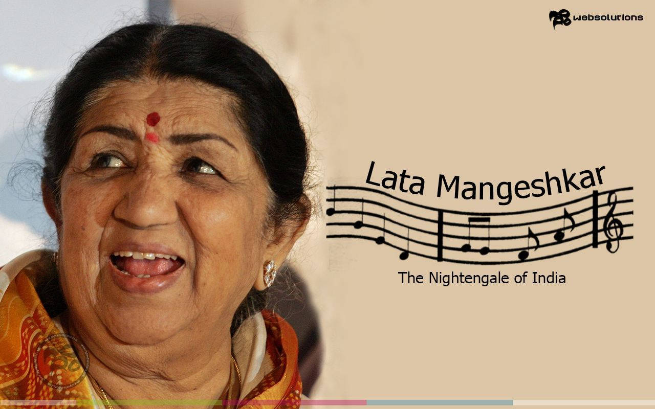 Lata Mangeshkar 桌布 壁紙 — 拉塔·曼吉什卡爾微笑的歡樂肖像，旁邊有音符和她的頭銜。