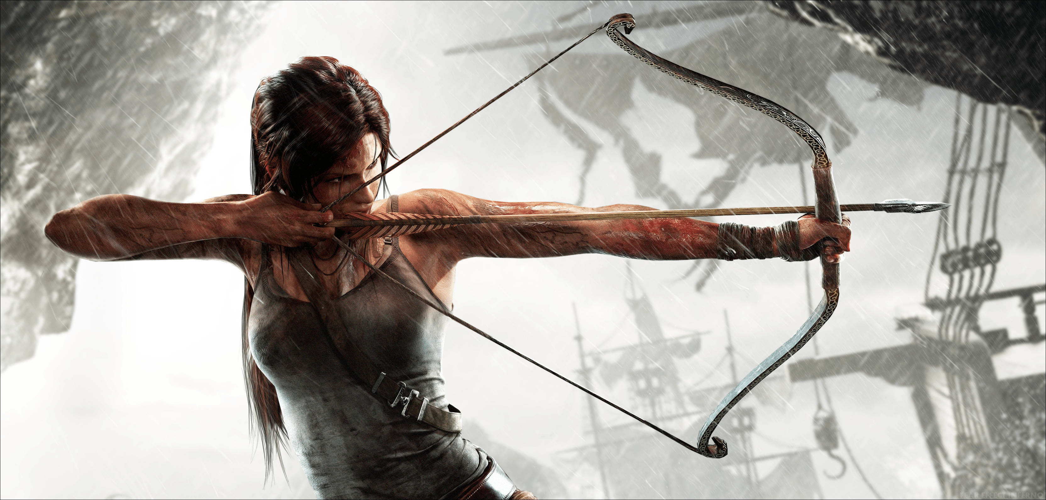 Tomb Raider Game 桌布 壁紙 — 拉娜·克勞馥在暴風雨中的沉船背景下，全神貫注地拉弓。