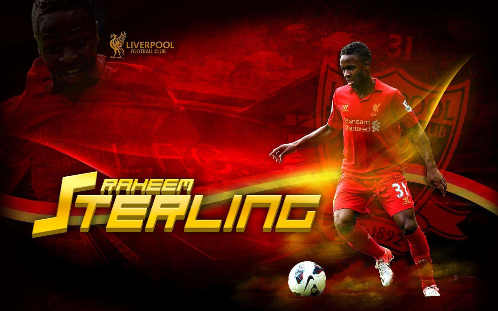 Sterling 桌布 壁紙 — 拉希姆·斯特林身穿利物浦紅色球衣，在火紅和金色的抽象背景前運球，他的名字以粗體黃色顯示。