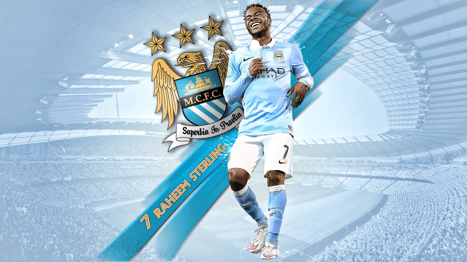 淺藍色 桌布 壁紙 — 拉希姆·斯特林身穿曼城球衣，在球場上與球隊徽章和星星一起慶祝勝利。