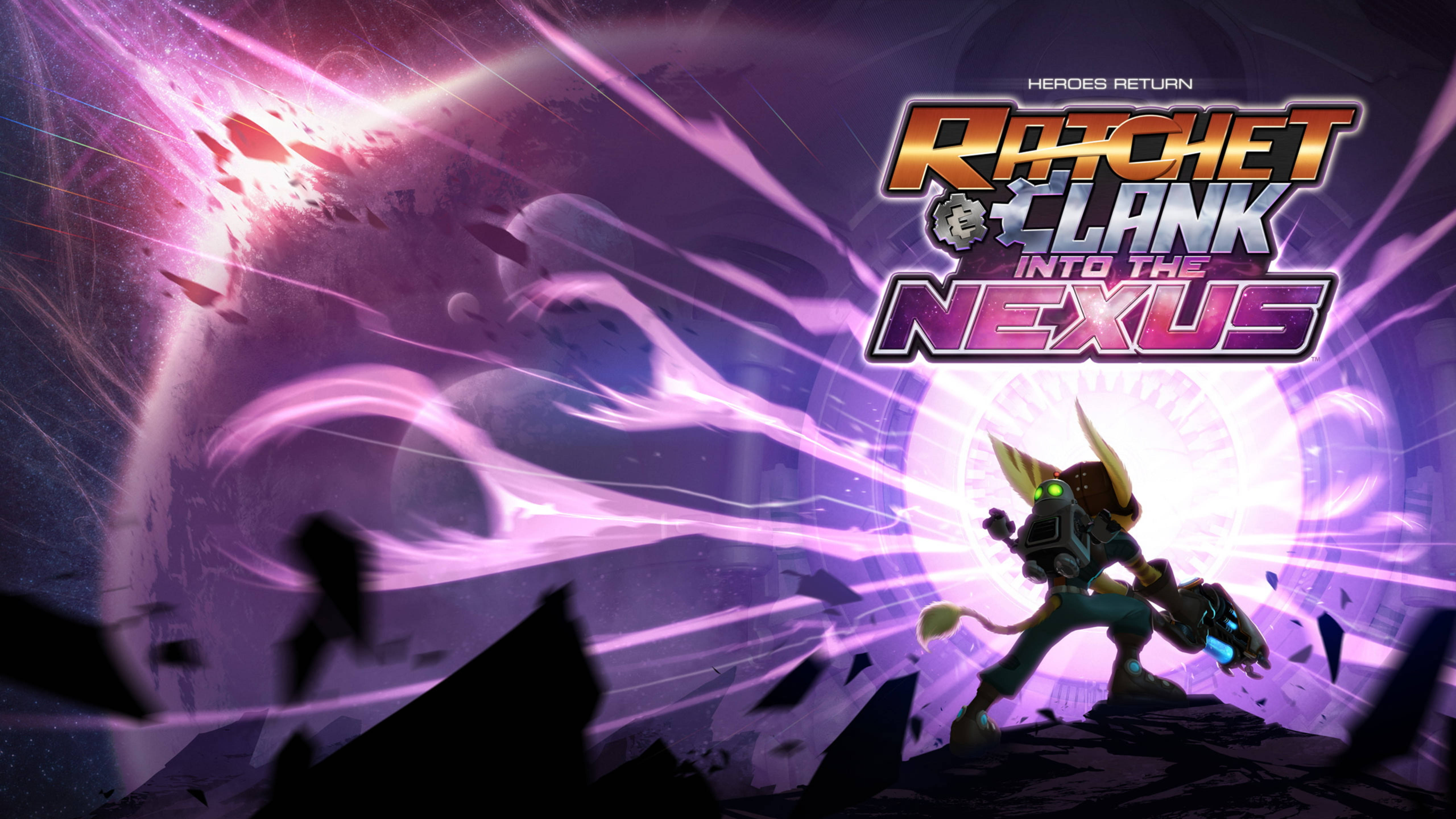 ratchet 桌布 壁紙 — 拉捷特與克拉克在充滿活力的紫色科幻場景中，英勇地站在旋轉的宇宙漩渦前。