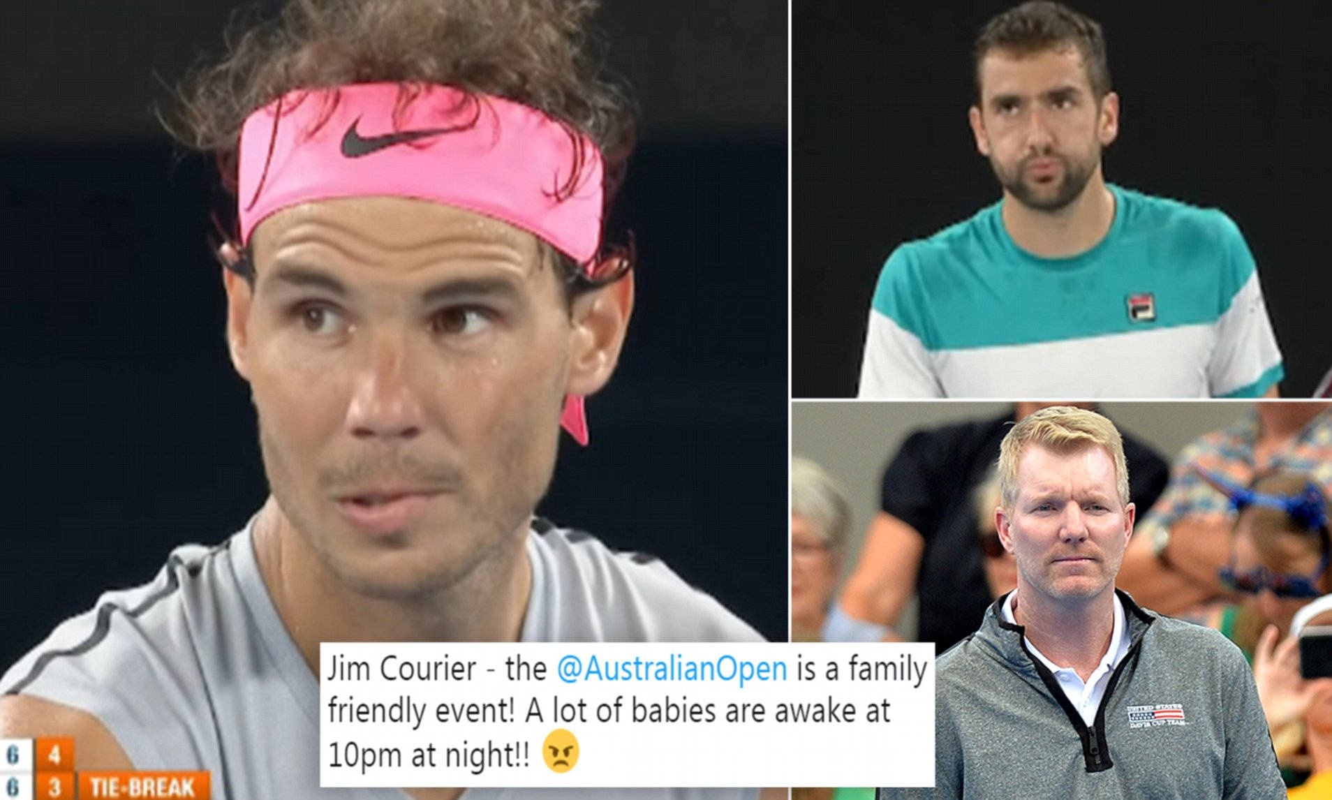 Tennis 桌布 壁紙 — 拉斐爾·納達爾在網球比賽中戴著粉紅色頭帶的特寫，帶有關於夜間嬰兒的疊加文字。