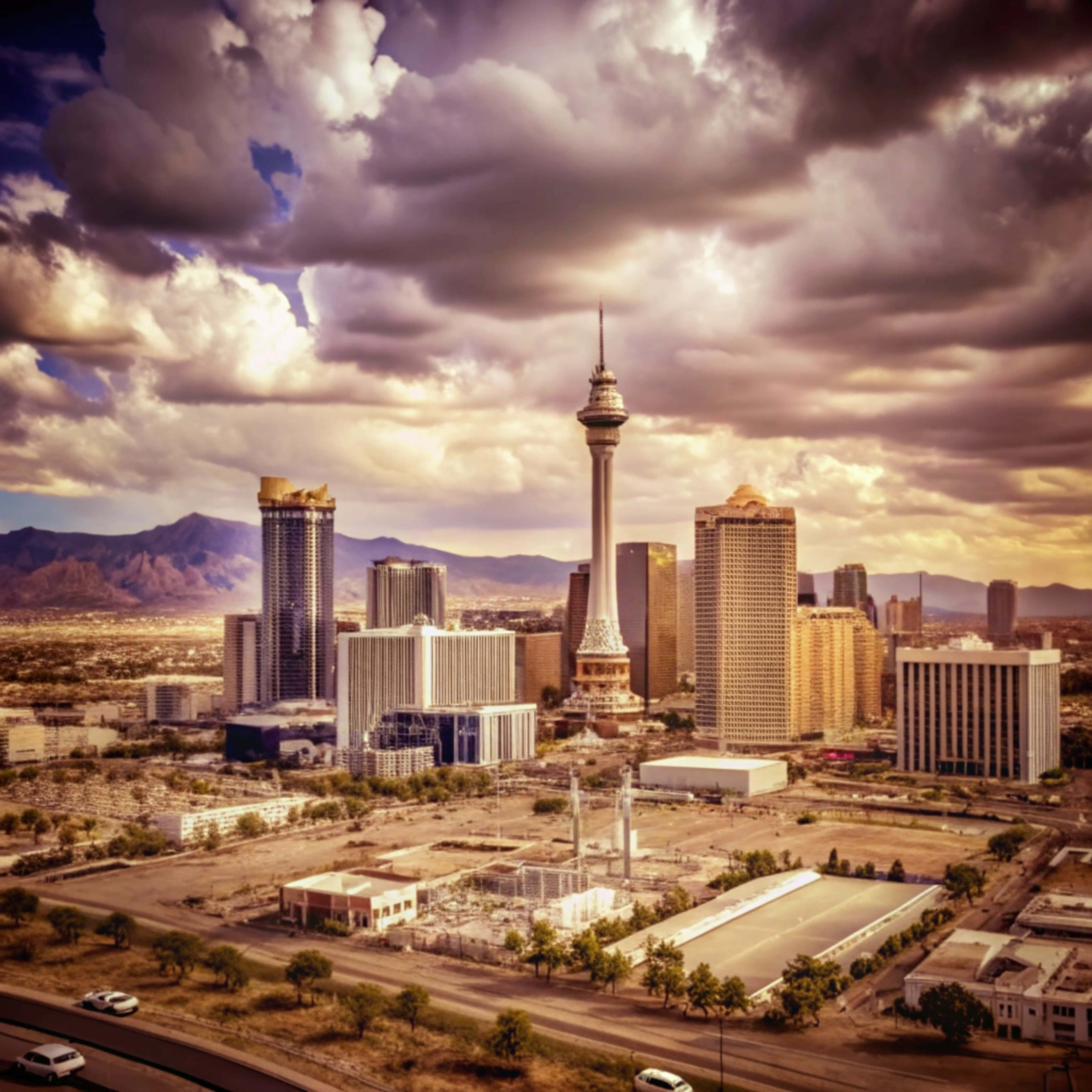 Casino 桌布 壁紙 — 拉斯維加斯天際線的鳥瞰圖，以平流層塔為主，在戲劇性的金色雲彩和遠處山脈下。