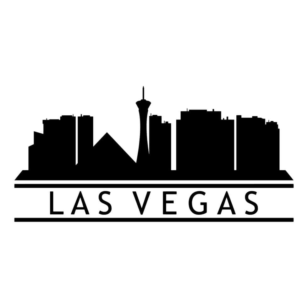 拉斯維加斯 桌布 壁紙 — 拉斯維加斯天際線的黑色剪影，包括Stratosphere Tower，以白色背景和粗體文字呈現。