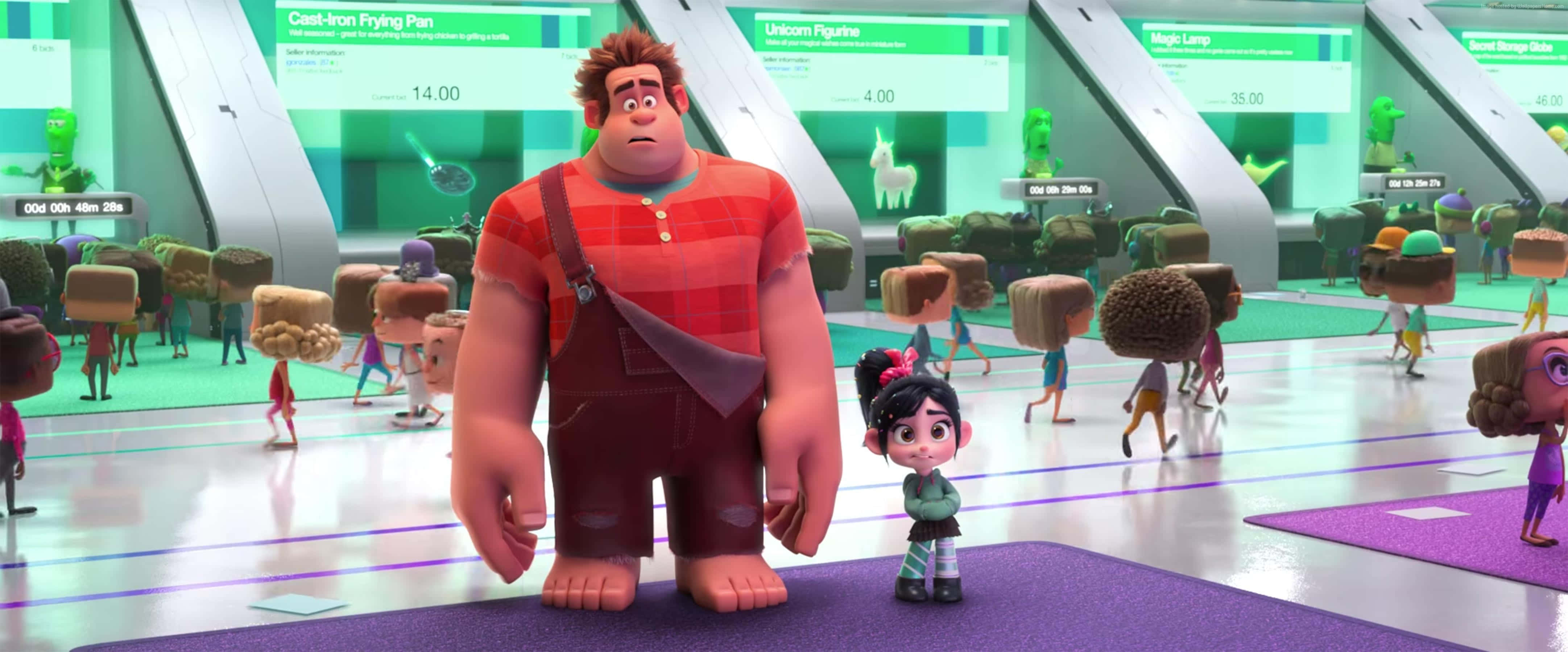 Animated 桌布 壁紙 — 拉爾夫和雲妮露站在一個熙熙攘攘的遊戲機中心，裡面充滿了古怪的角色和發光的綠色產品展示。