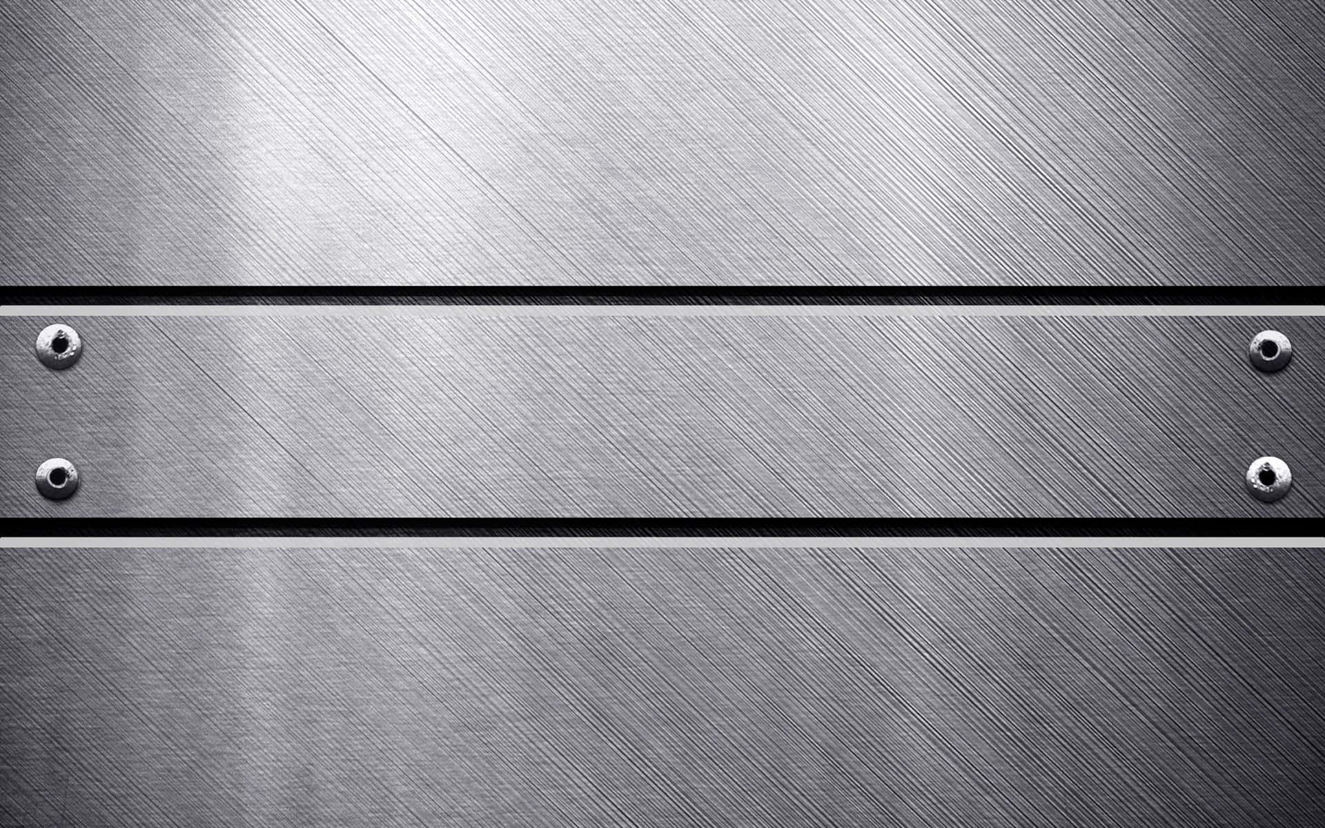 Aluminium 桌布 壁紙 — 拉絲不鏽鋼面板的特寫，帶有水平凹槽和四個固定中央條的螺栓。