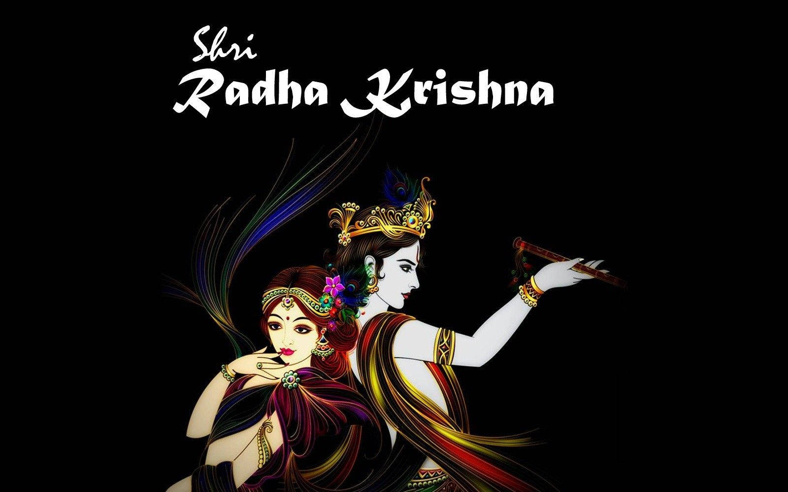 radha krishna 3d 桌布 壁紙 — 拉達和克里希納以鮮豔的傳統服飾描繪，背景為純黑色，帶有飄逸的彩色頭髮和華麗的珠寶。