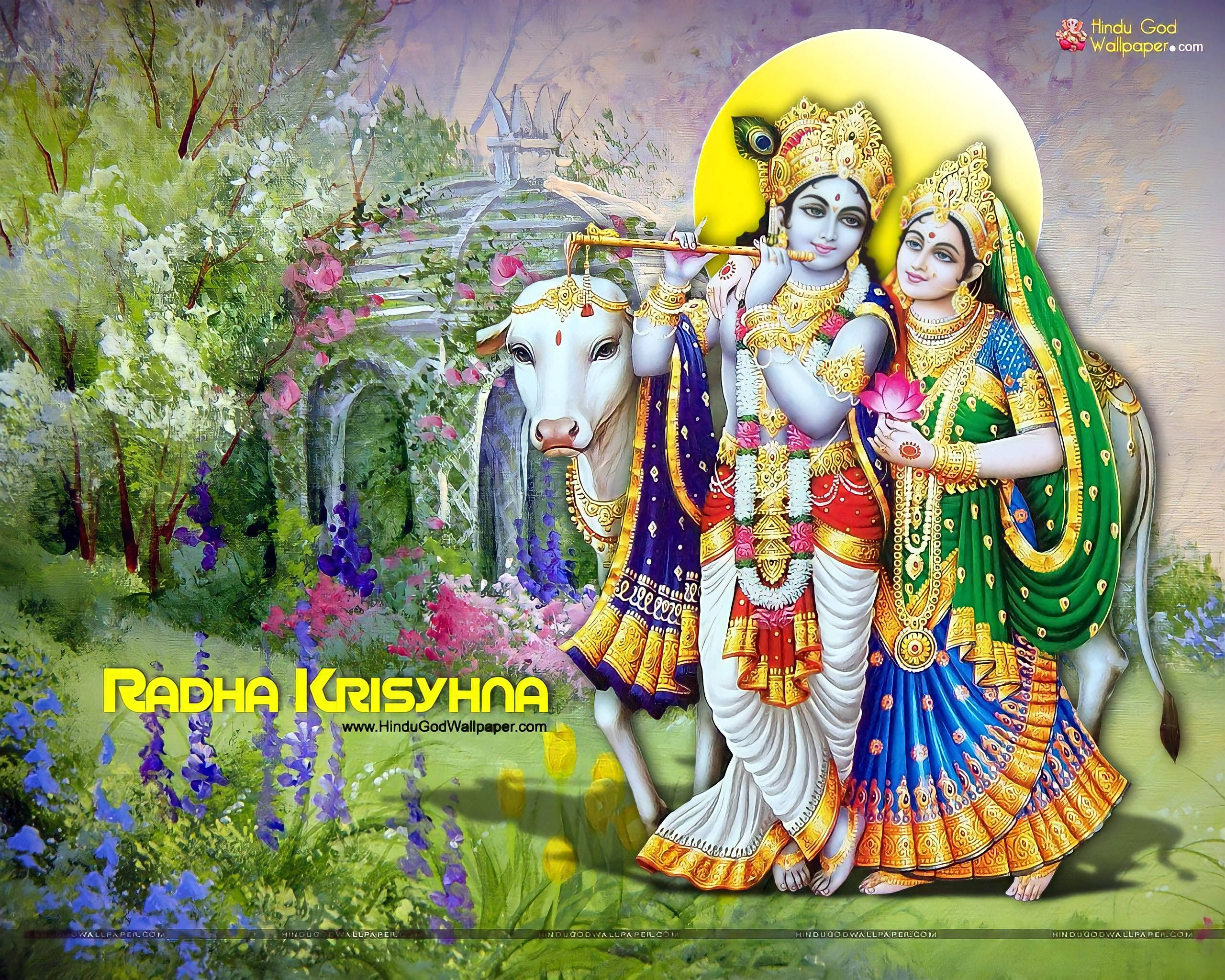 krishna 3d 桌布 壁紙 — 拉達和克里希納站在一個充滿活力的花園中，有一頭白色的牛，周圍是盛開的花朵和一座石橋，在金色的陽光下。