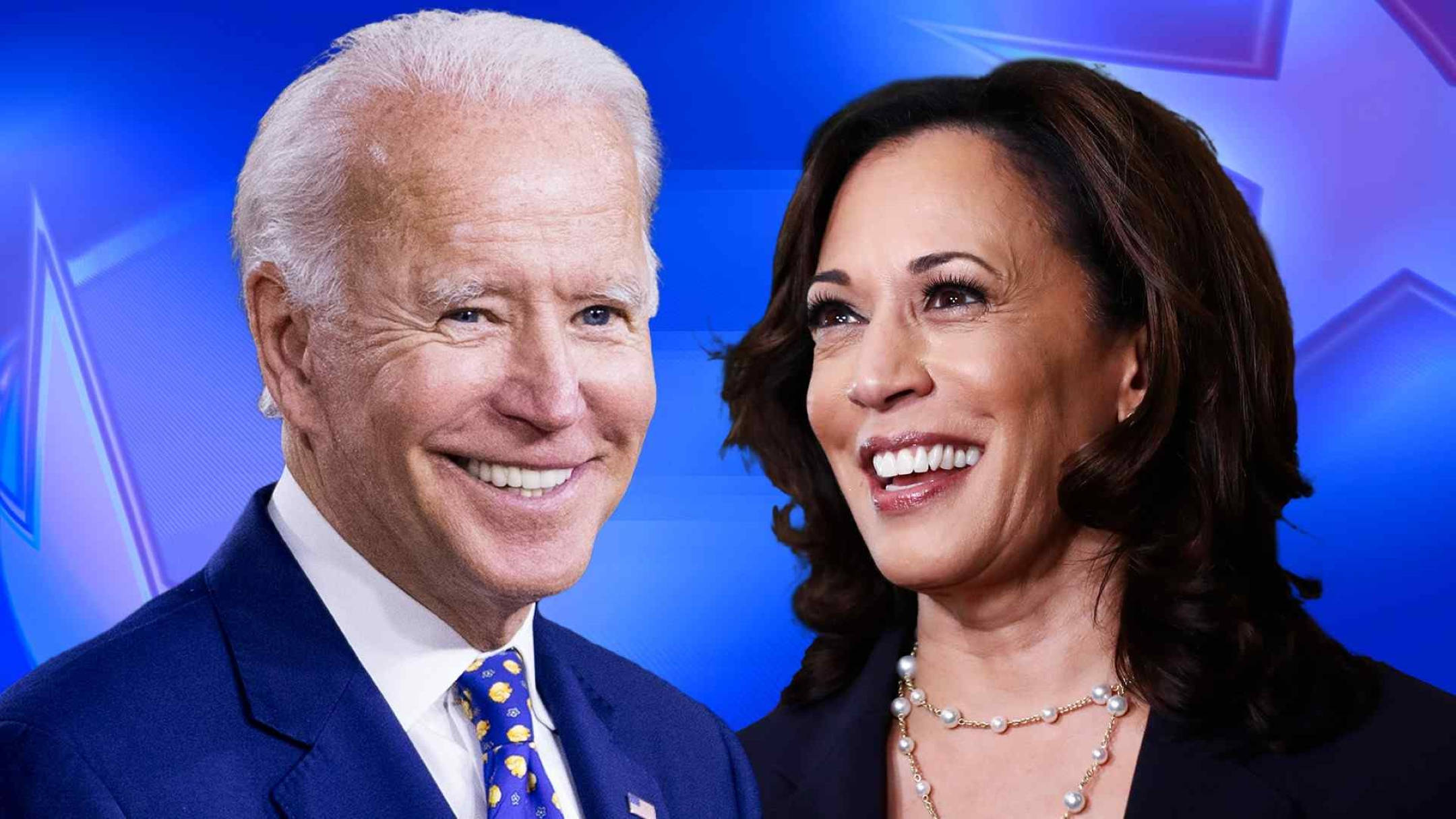 Kamala Harris 桌布 壁紙 — 拜登總統和賀錦麗副總統在充滿活力的藍色幾何背景前燦爛微笑。
