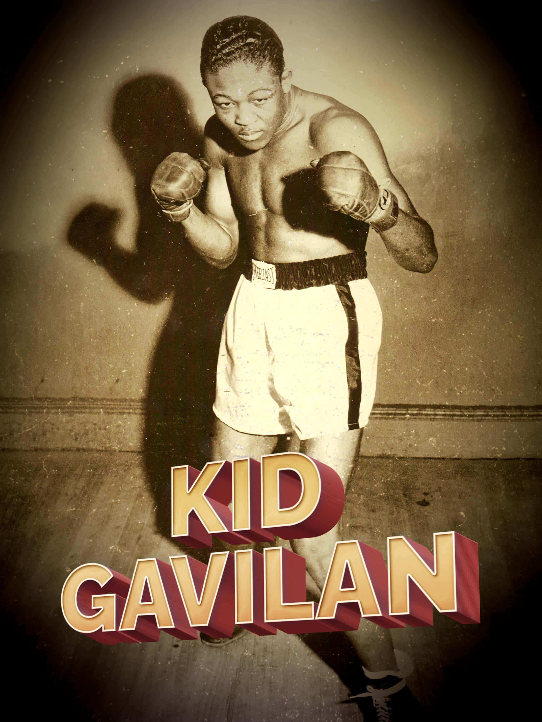 桌布 壁紙 — 拳擊手Kid Gavilan的復古棕褐色調肖像，擺出戰鬥姿勢，牆上投射出戲劇性的陰影。