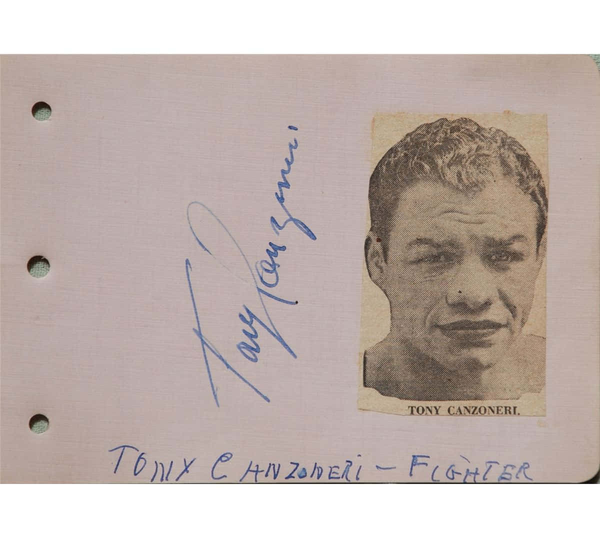 Boxing 桌布 壁紙 — 拳擊手Tony Canzoneri的復古照片，附有他的簽名和手寫標籤，位於三孔打孔卡上。