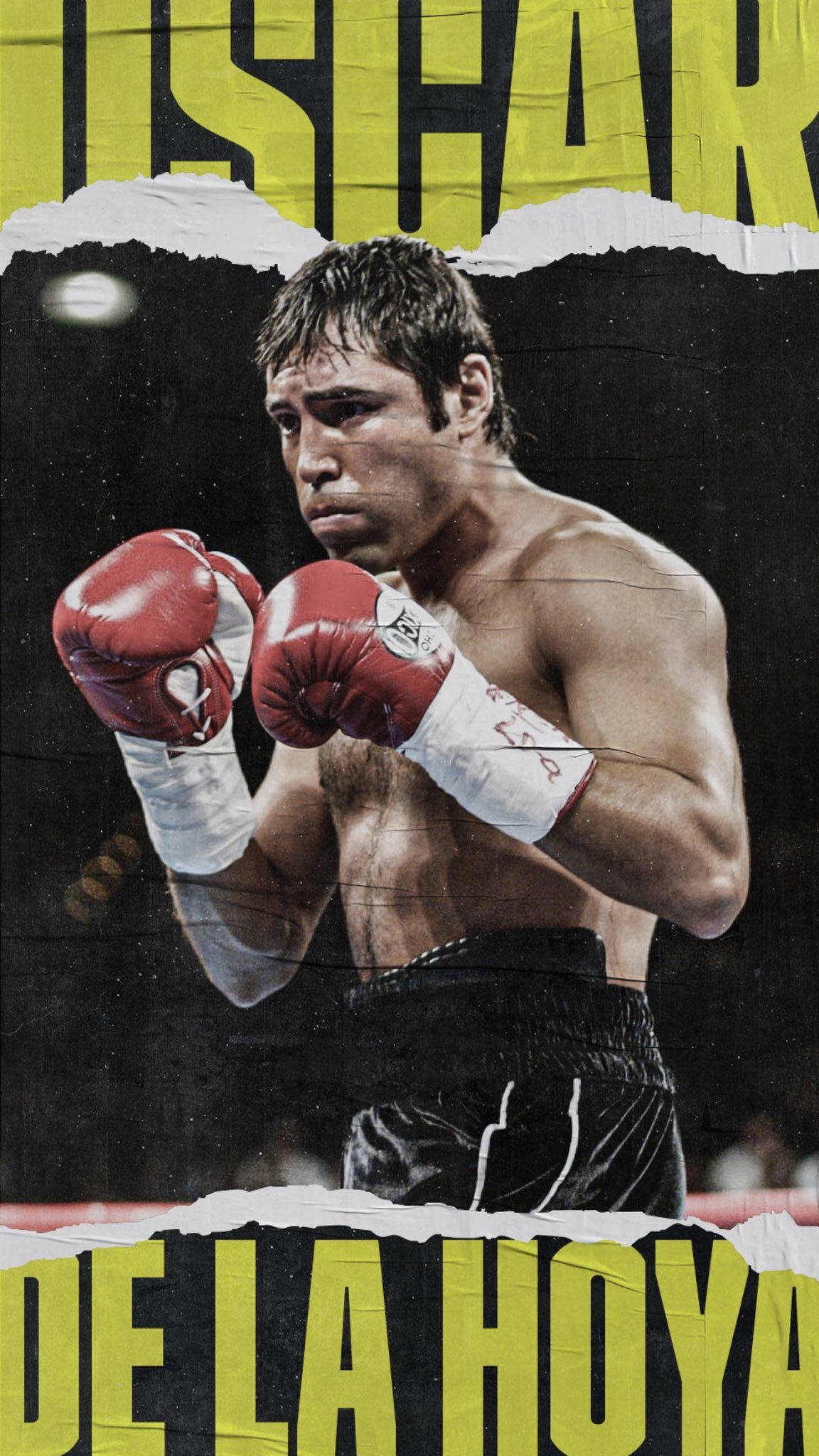 Boxing 桌布 壁紙 — 拳擊手奧斯卡·德拉·霍亞的粗獷海報風格肖像，身穿紅色手套和黑色短褲，在深色背景上被撕裂的黃色文字框住。