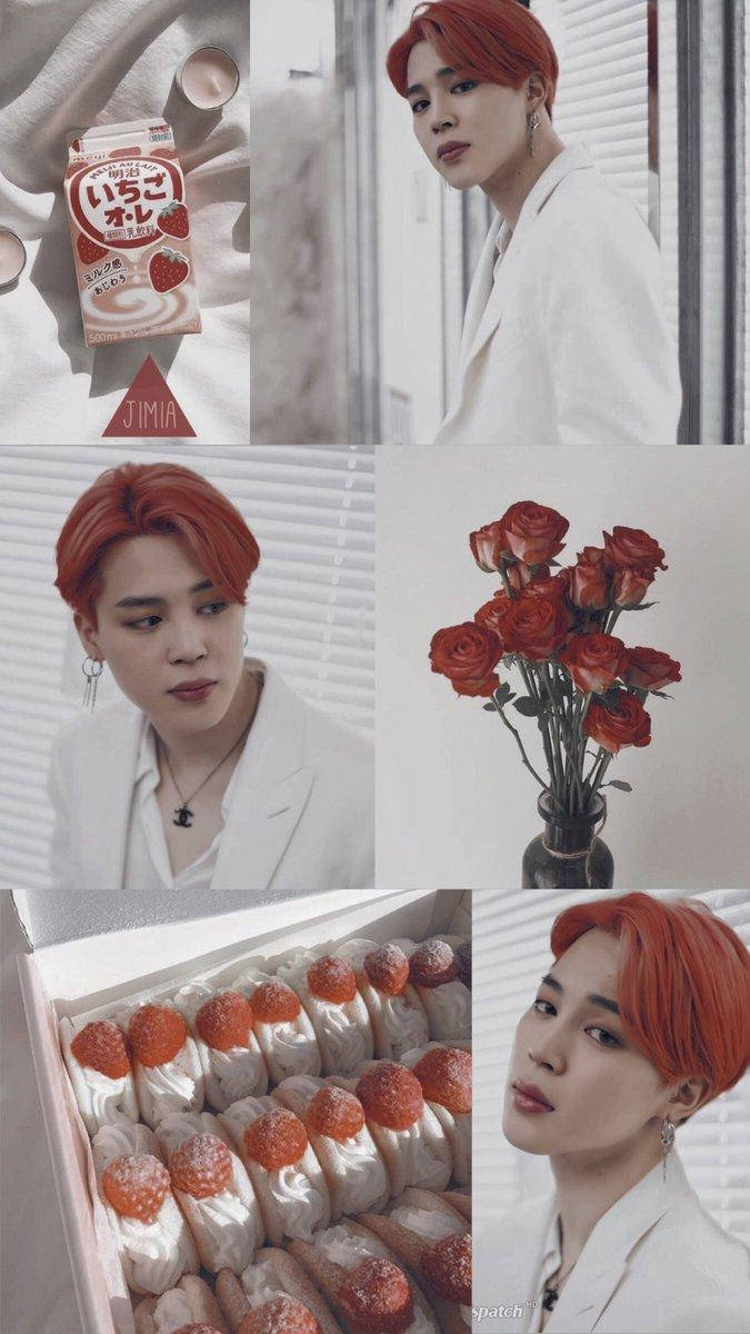 Jimin Aesthetic 桌布 壁紙 — 拼貼畫，展示一位紅髮白衣人士，旁邊有草莓牛奶、紅玫瑰和草莓糕點。