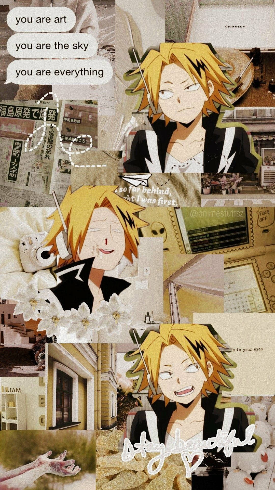 我的英雄學院 桌布 壁紙 — 拼貼風格壁紙， featuring 動漫角色 All Might，附有勵志名言和復古美學元素。