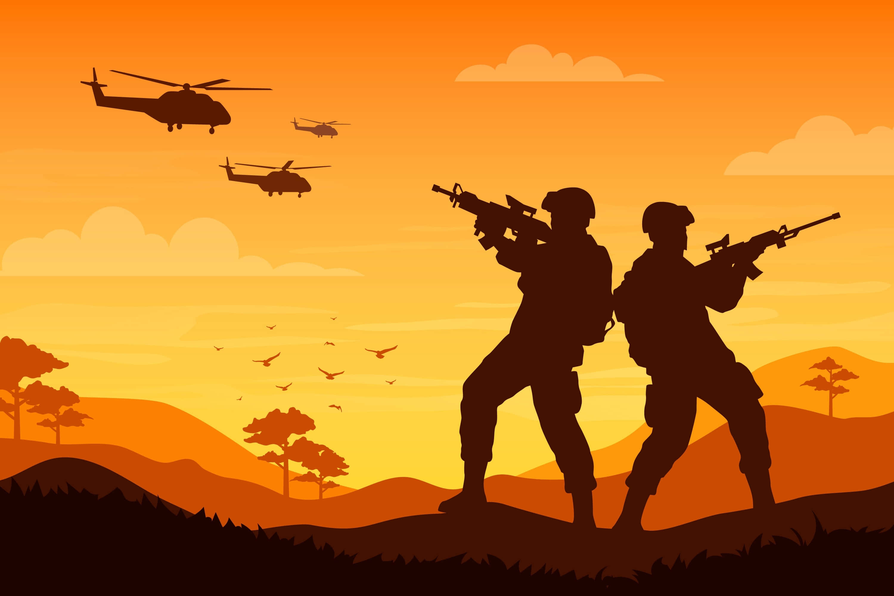 Silhouette 桌布 壁紙 — 持步槍的剪影士兵在山丘上警戒站立，直升機在熾熱的橙色日落天空上飛過。