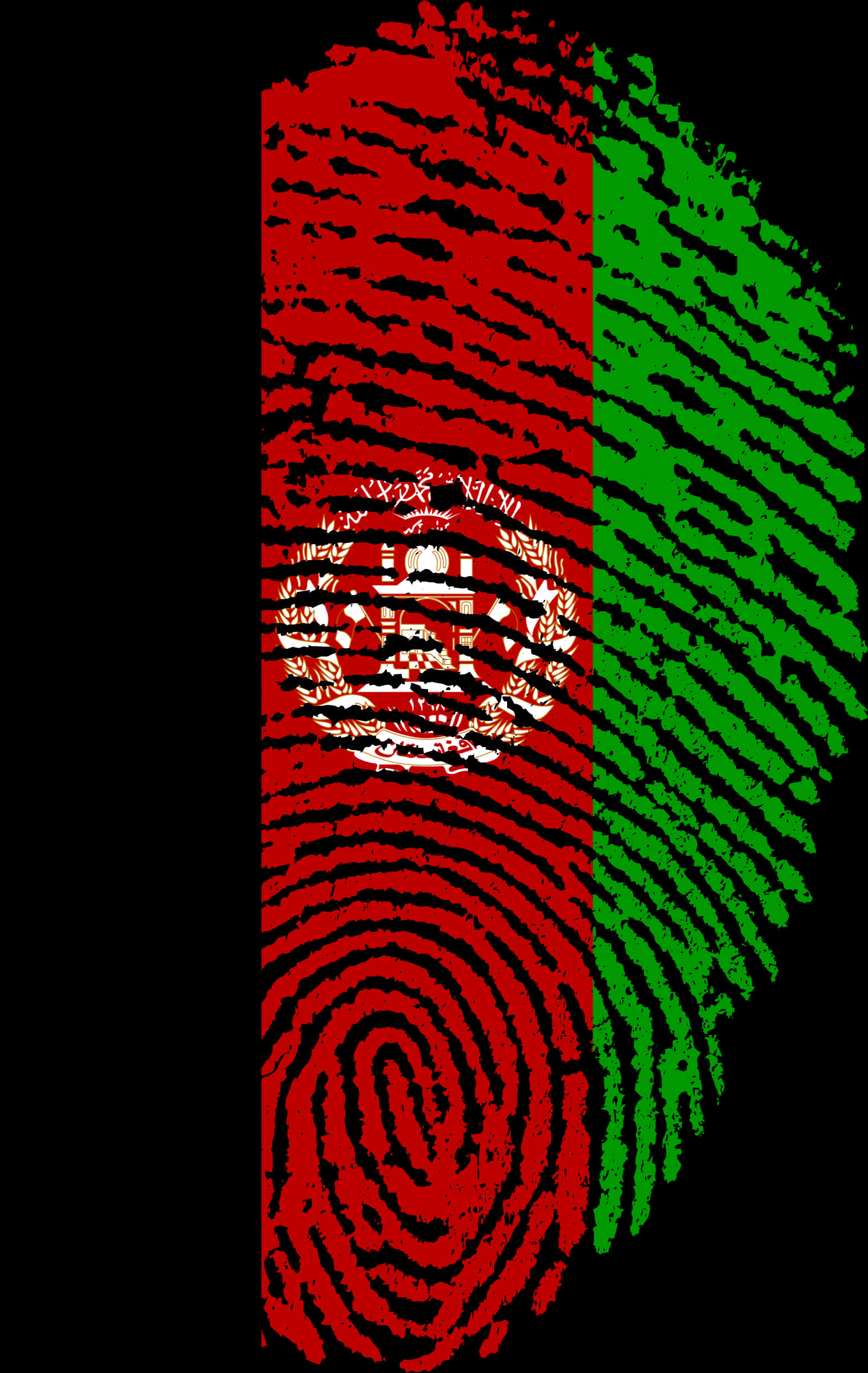 Fingerprint 桌布 壁紙 — 指紋圖案，填充阿富汗國旗顏色和徽章，黑色背景。
