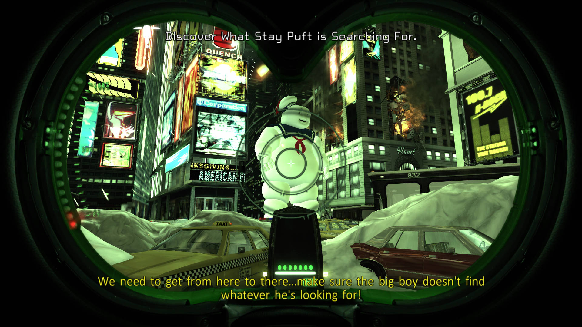 魔鬼剋星 桌布 壁紙 — 捉鬼特攻隊的觀景窗框住了一個雪景城市，Stay Puft 棉花糖人聳立在停放的汽車和發光的廣告牌之上。