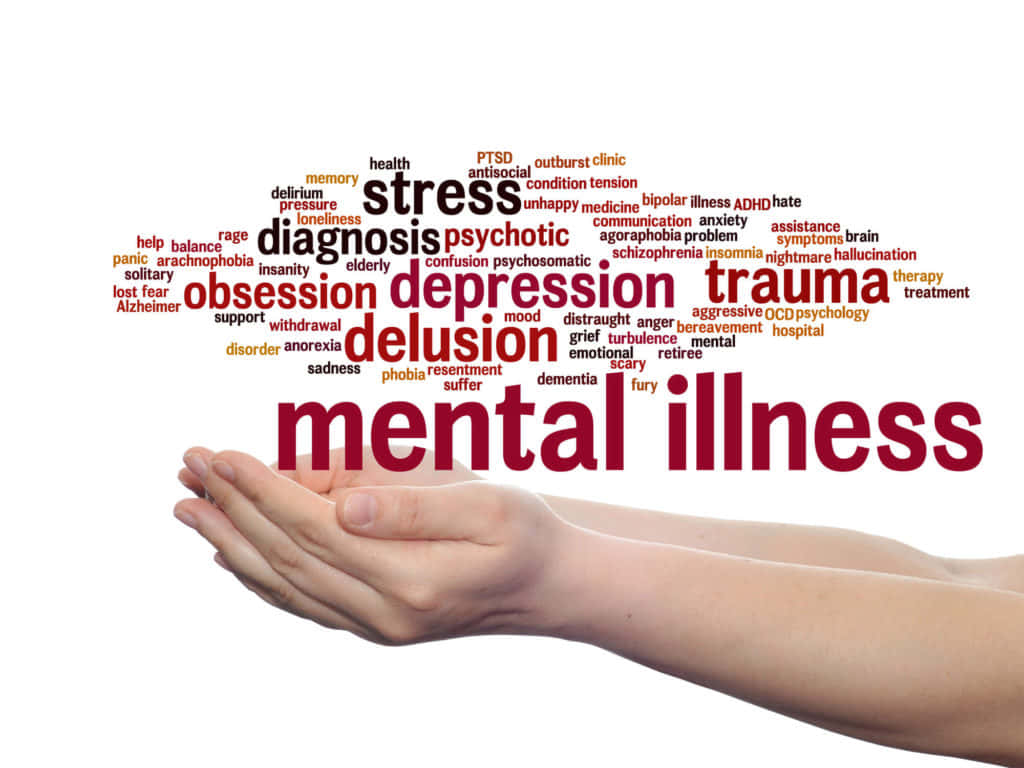mental health 桌布 壁紙 — 捧著的手掌中有一團由壓力、憂鬱和創傷等詞語組成的雲，象徵對精神疾病的關注。