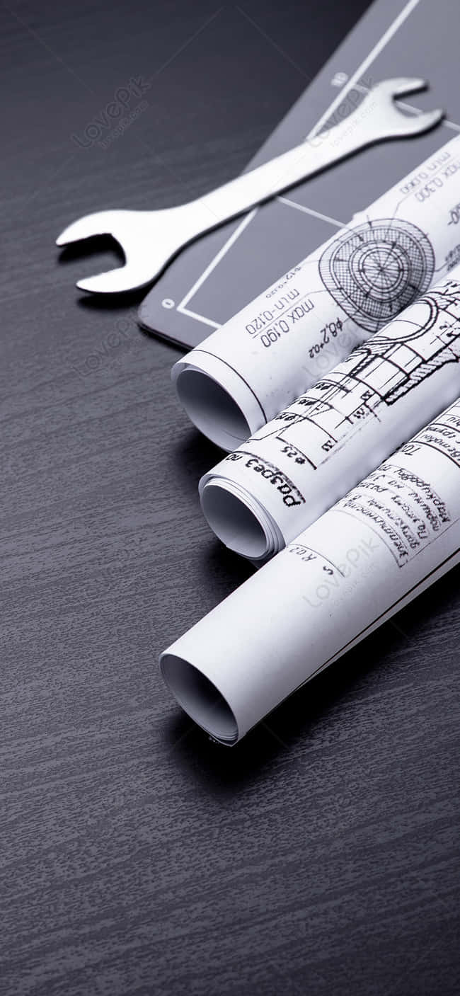 engineering 桌布 壁紙 — 捲起的工程藍圖和一個扳手放在深色木質表面上，精確的技術圖紙清晰可見。