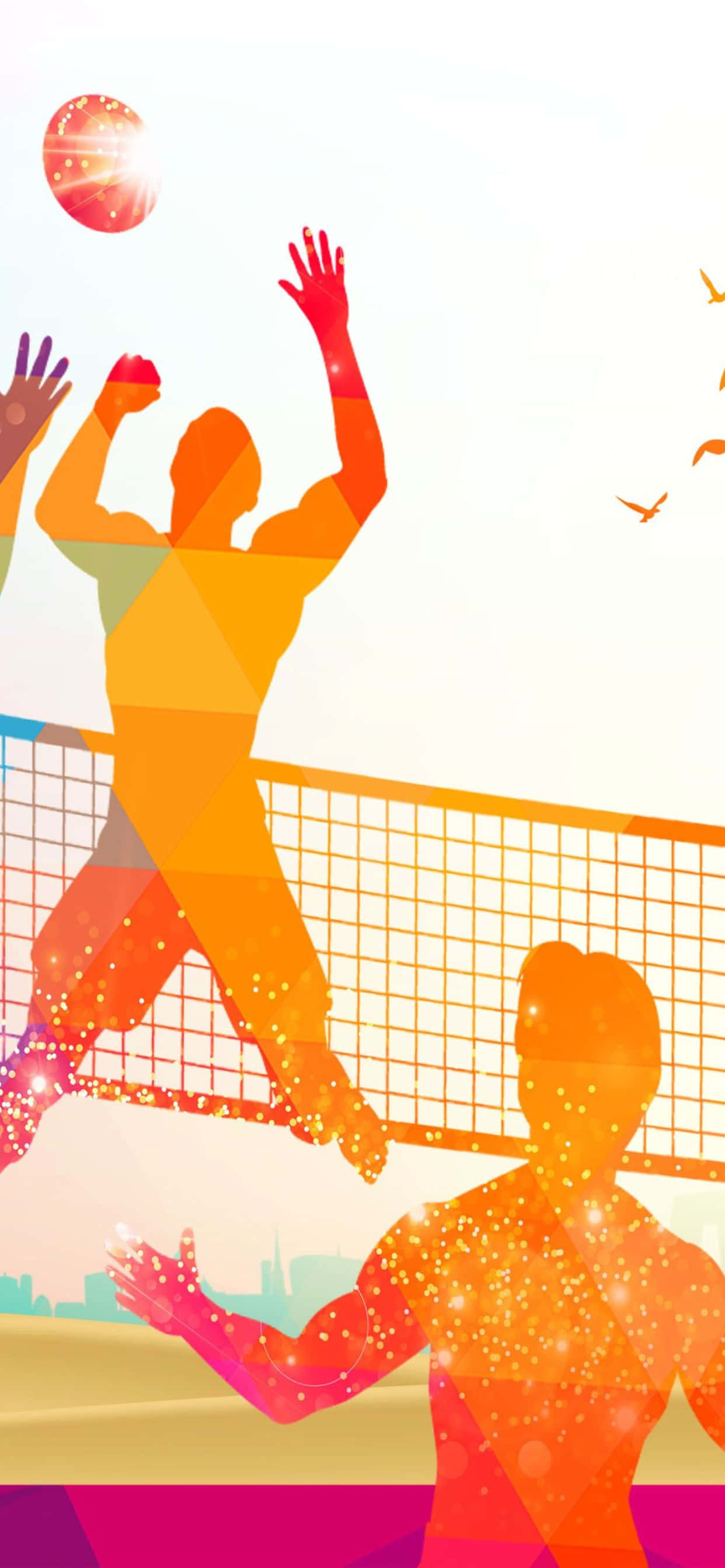 iPhone Xs Max Volleyball 桌布 壁紙 — 排球運動員以鮮豔的幾何剪影跳躍並伸手觸及發光的球，背景是明亮的天空和飛鳥。