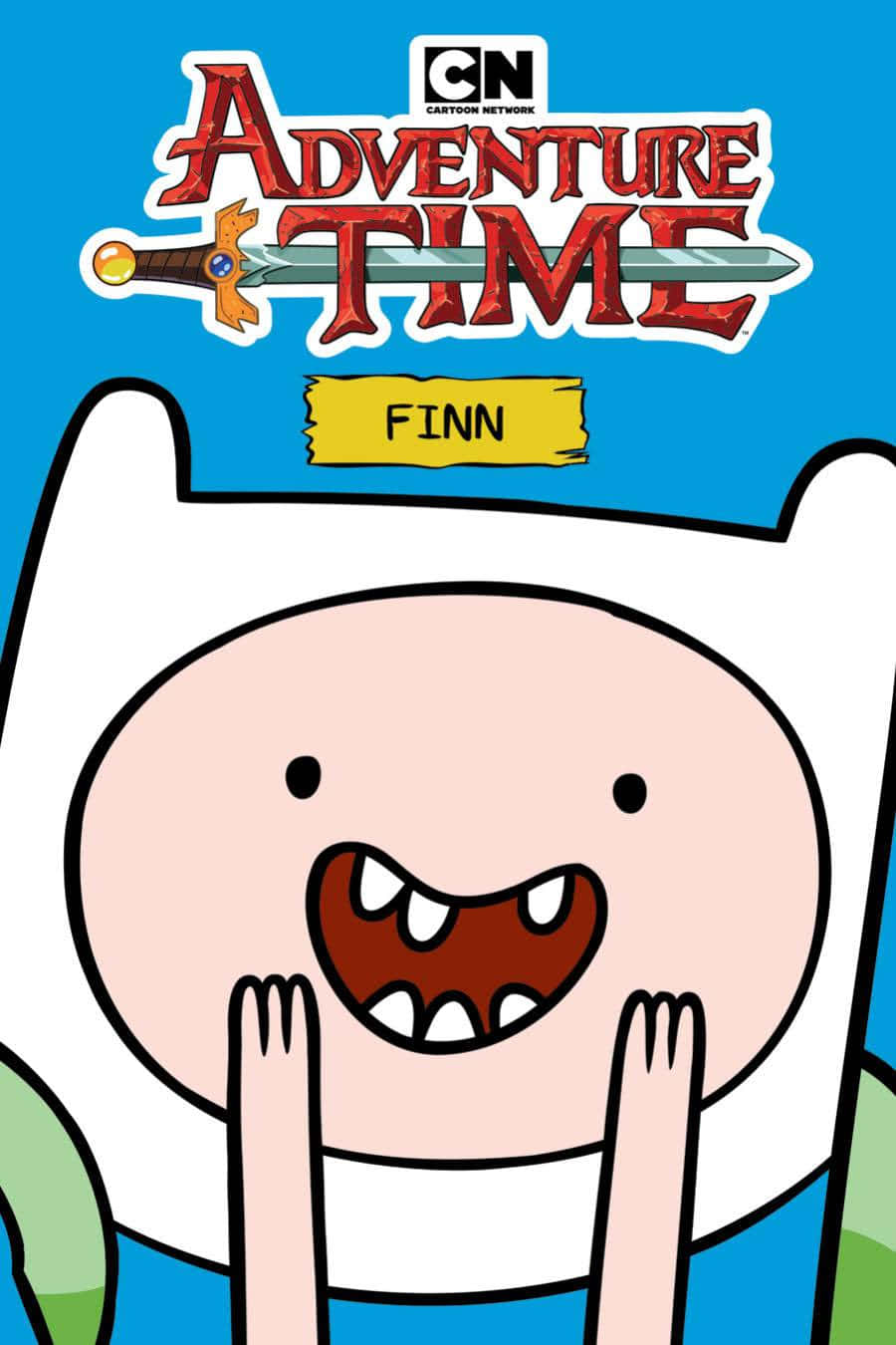 Adventure Time Cute 桌布 壁紙 — 探險活寶中的芬·莫頓在明亮的藍色背景前高舉雙手咧嘴大笑。